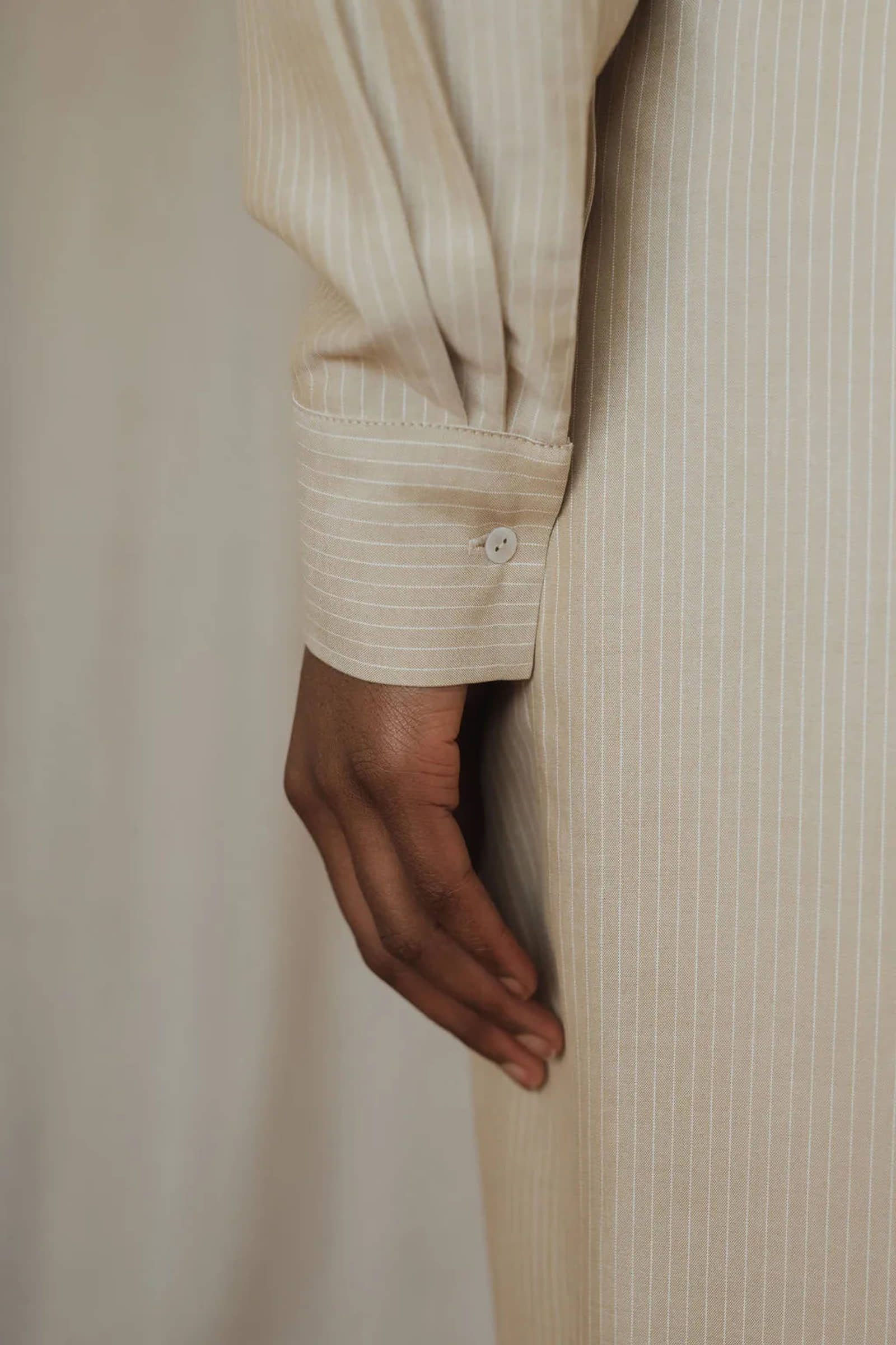 Beige striped silk shirt for women made by MORACÉE