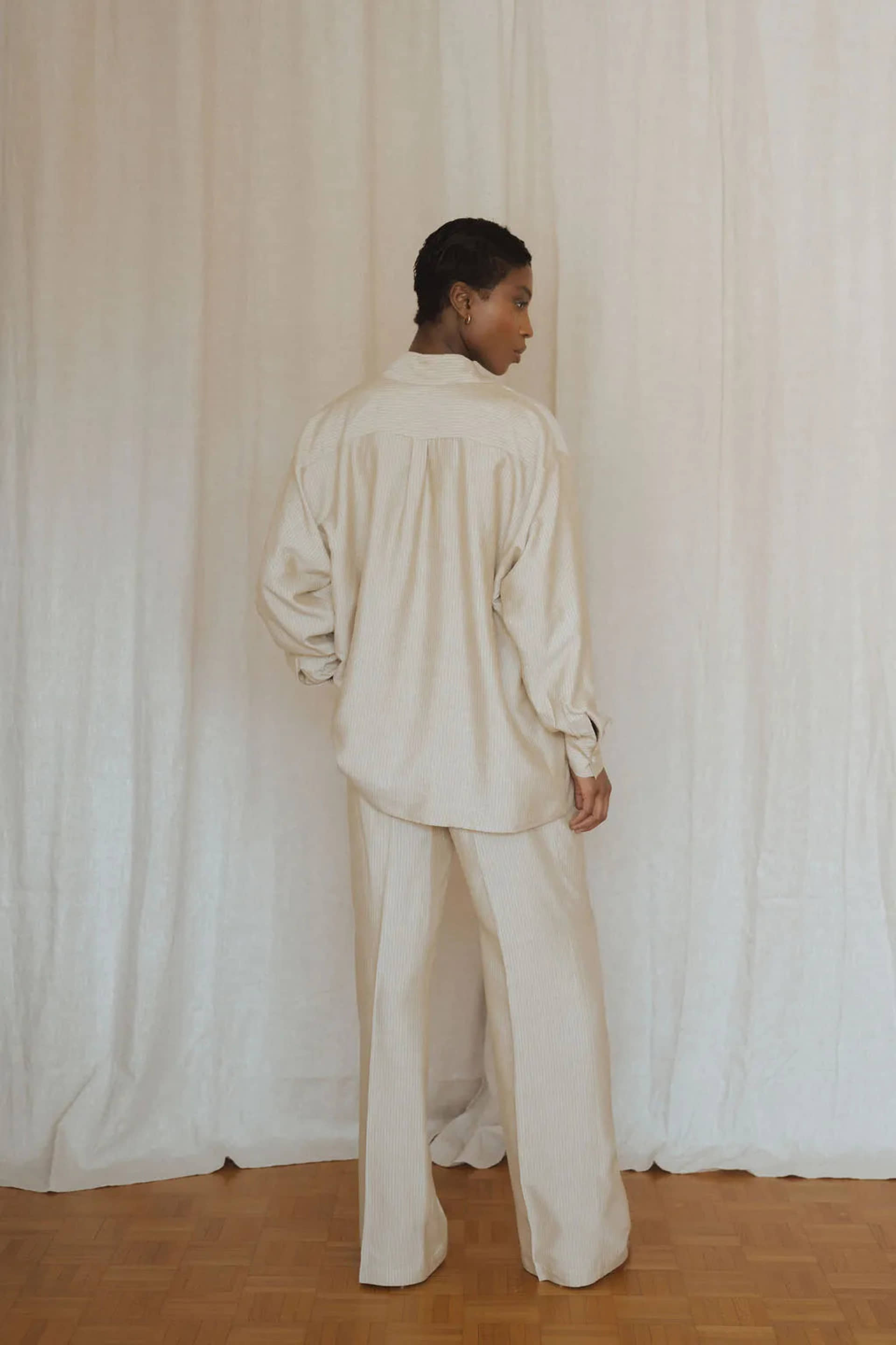 Beige striped silk shirt for women made by MORACÉE