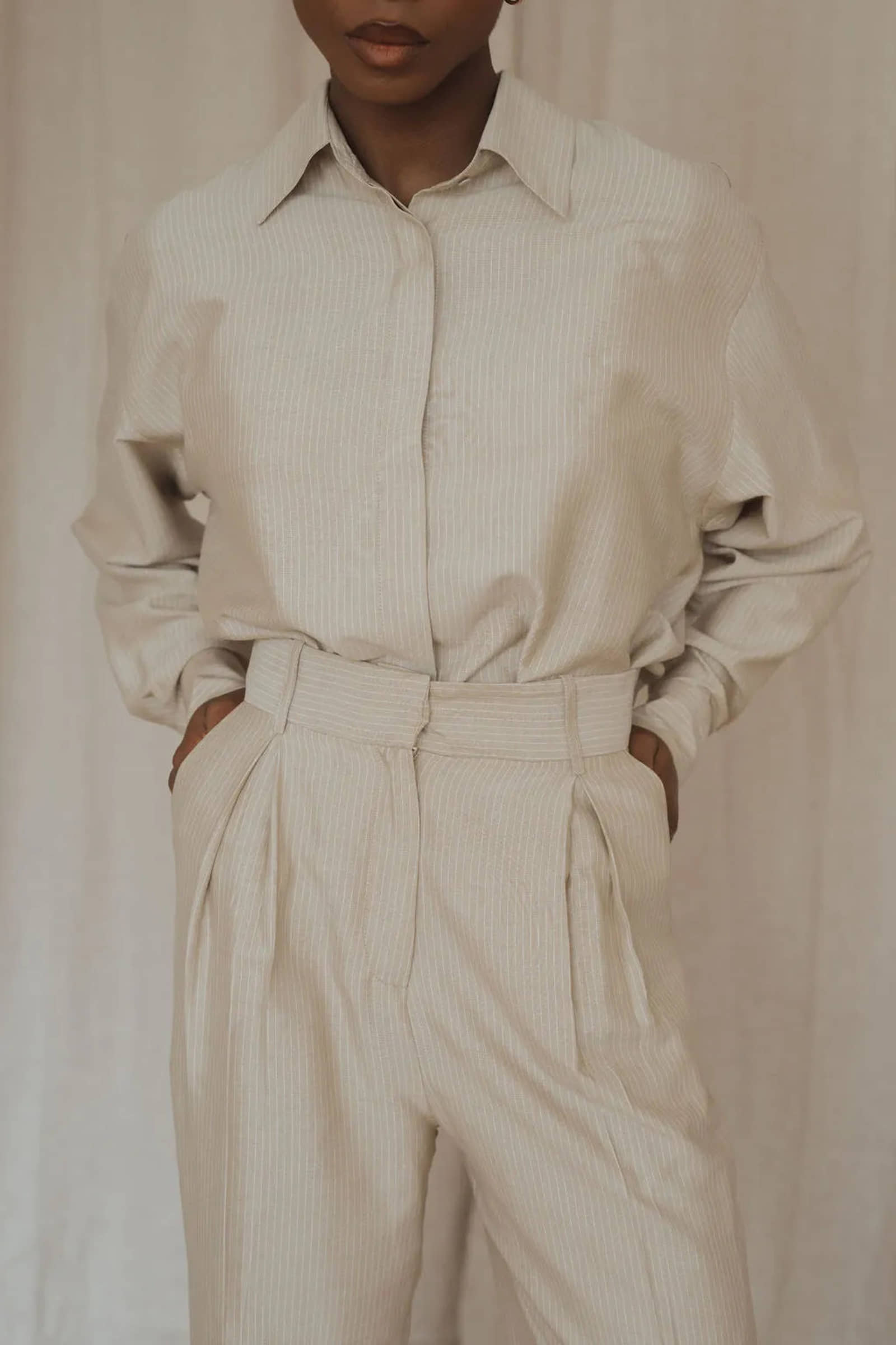 Beige striped silk shirt for women made by MORACÉE