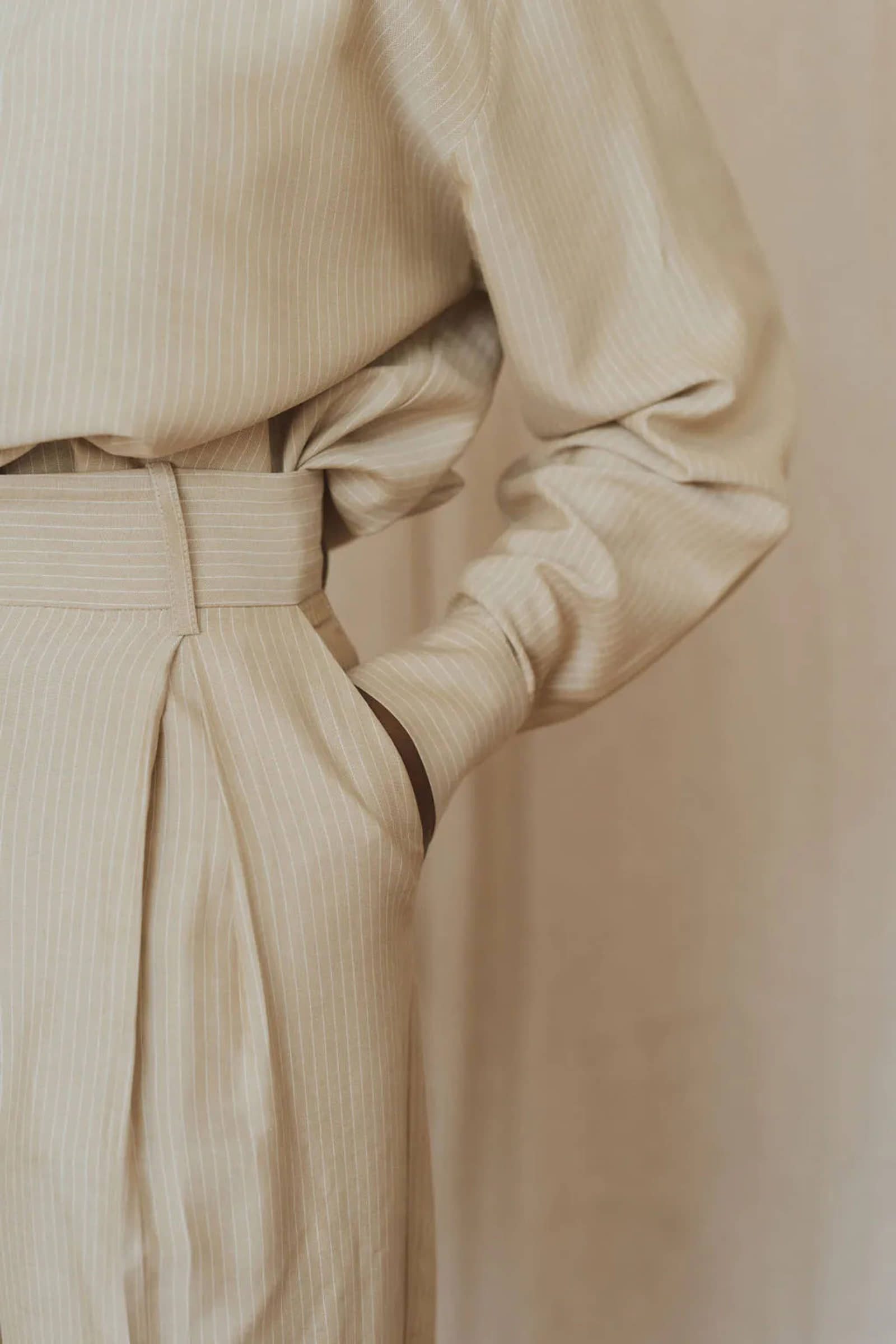 Beige striped silk shirt for women made by MORACÉE