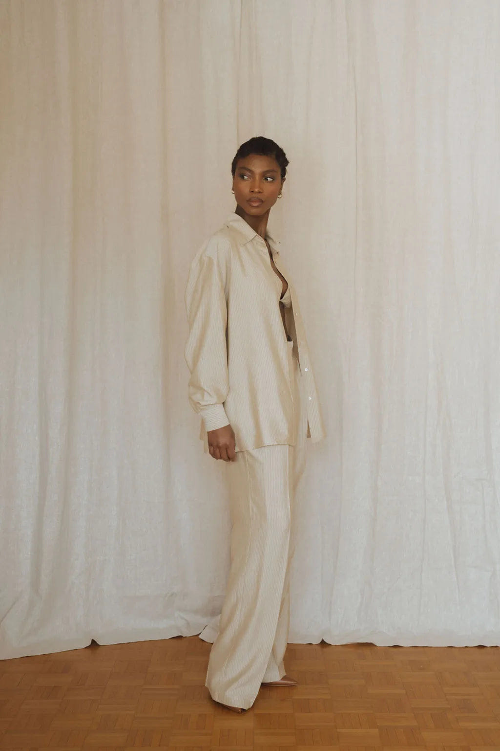 Beige striped silk shirt for women made by MORACÉE