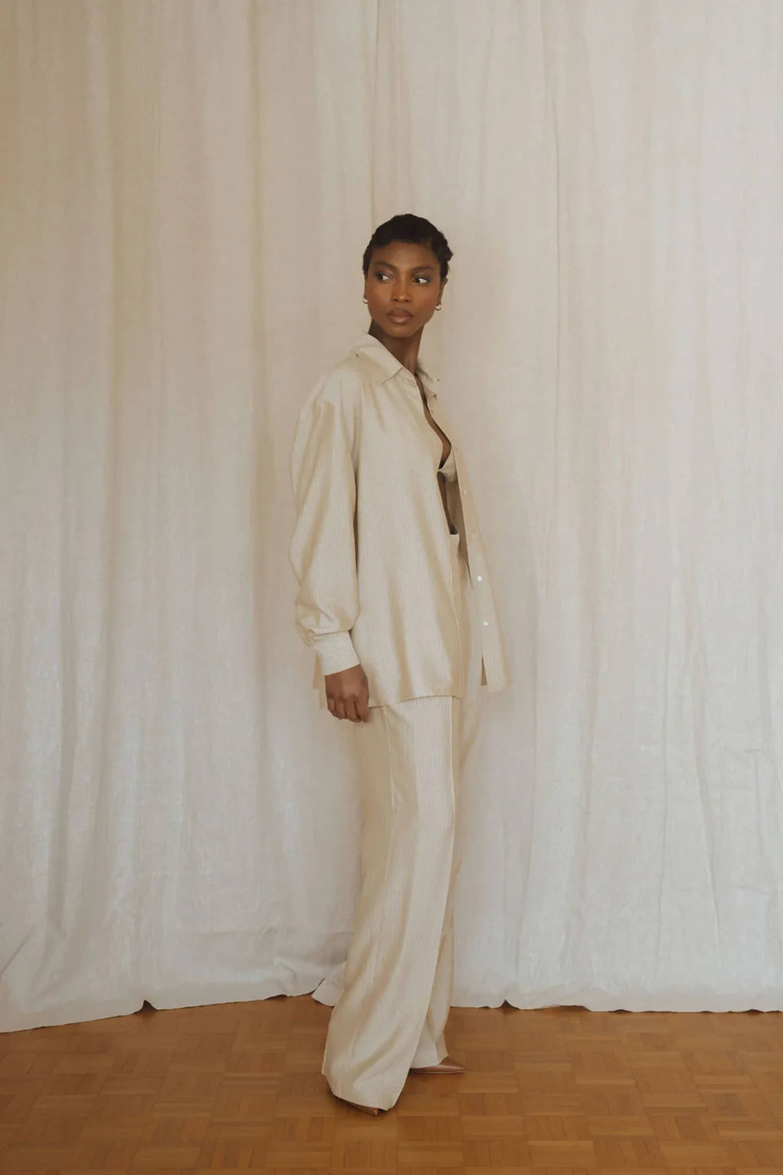 Beige striped silk shirt for women made by MORACÉE