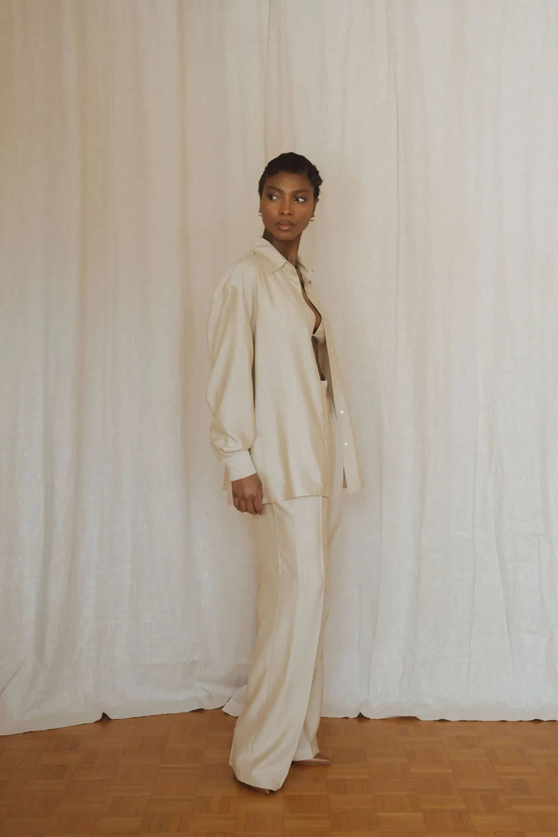 Beige striped silk shirt for women made by MORACÉE