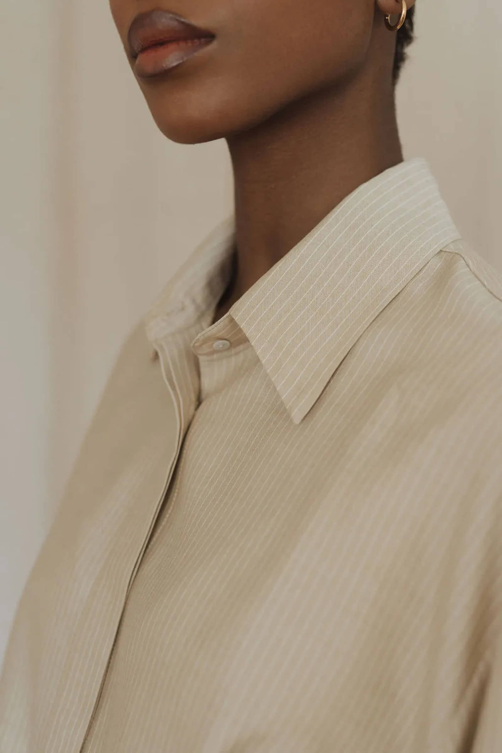 Beige striped silk shirt for women made by MORACÉE