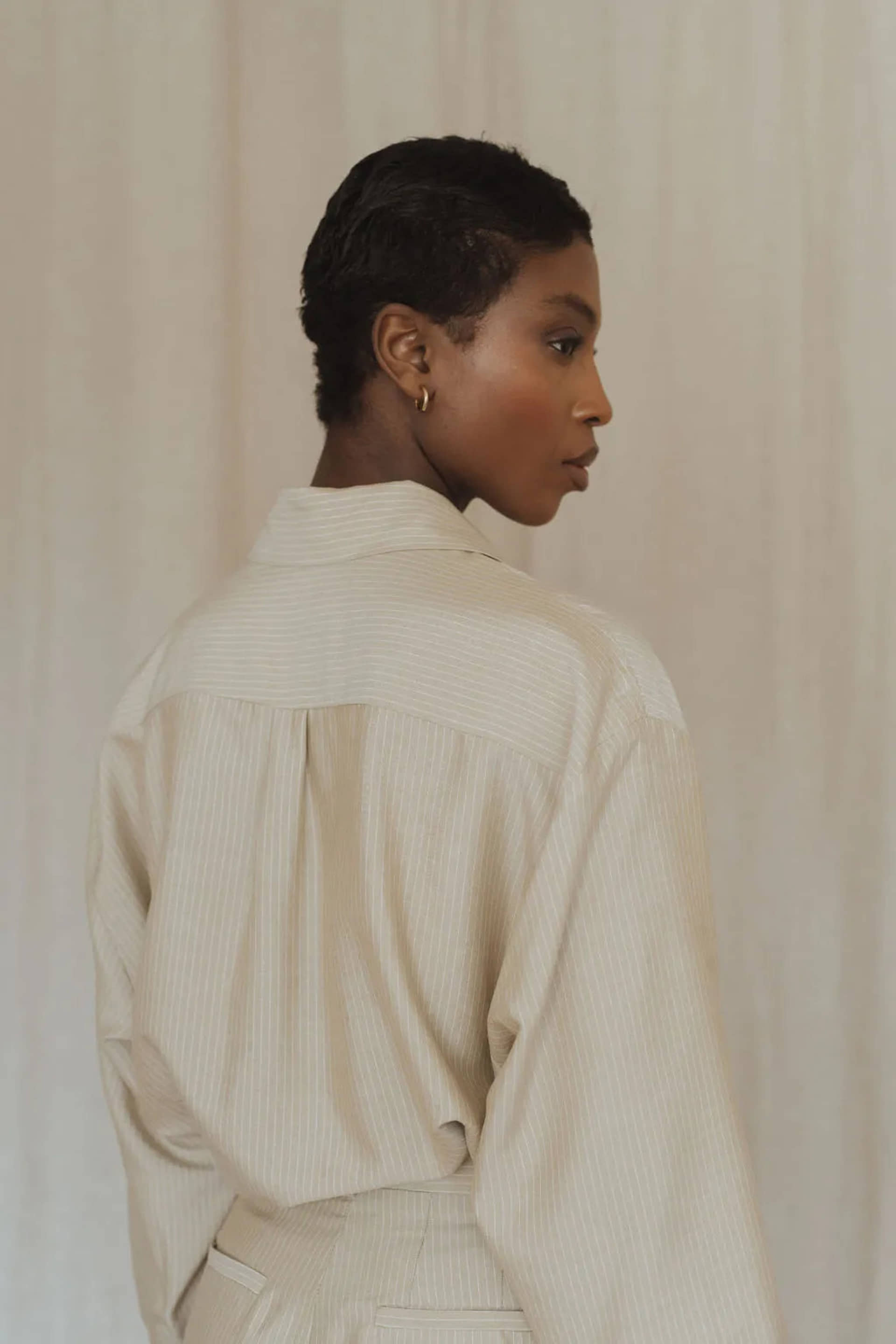 Beige striped silk shirt for women made by MORACÉE