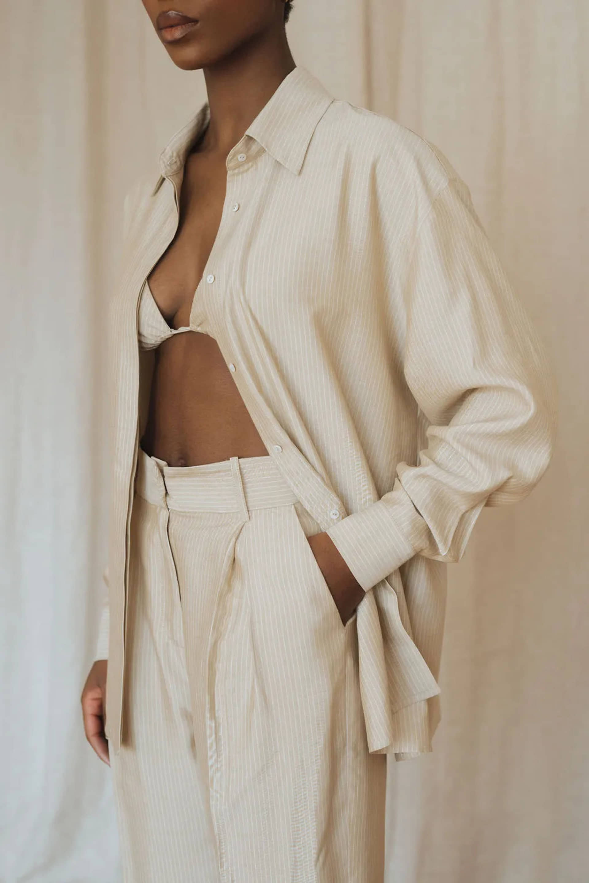 Beige striped silk shirt for women made by MORACÉE