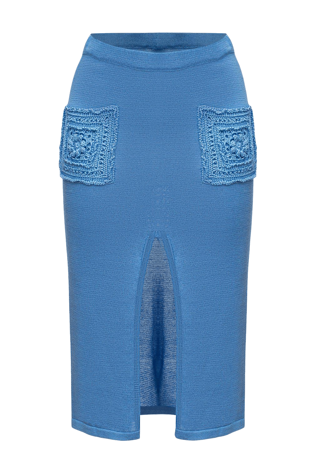 Blue knit skirt with crochet pockets made by ANDREEVA