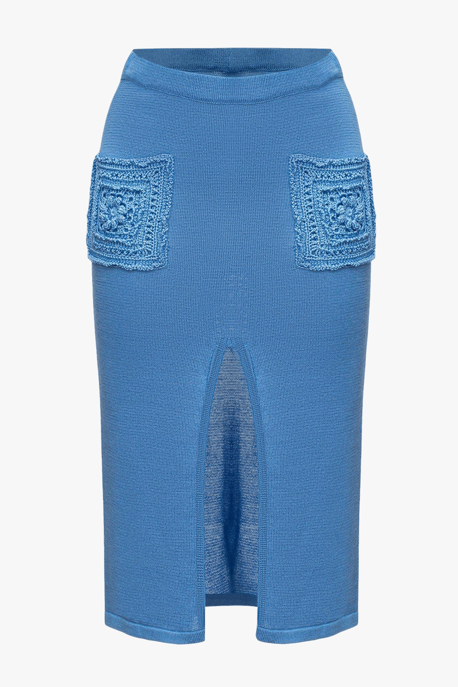 Blue knit skirt with crochet pockets made by ANDREEVA