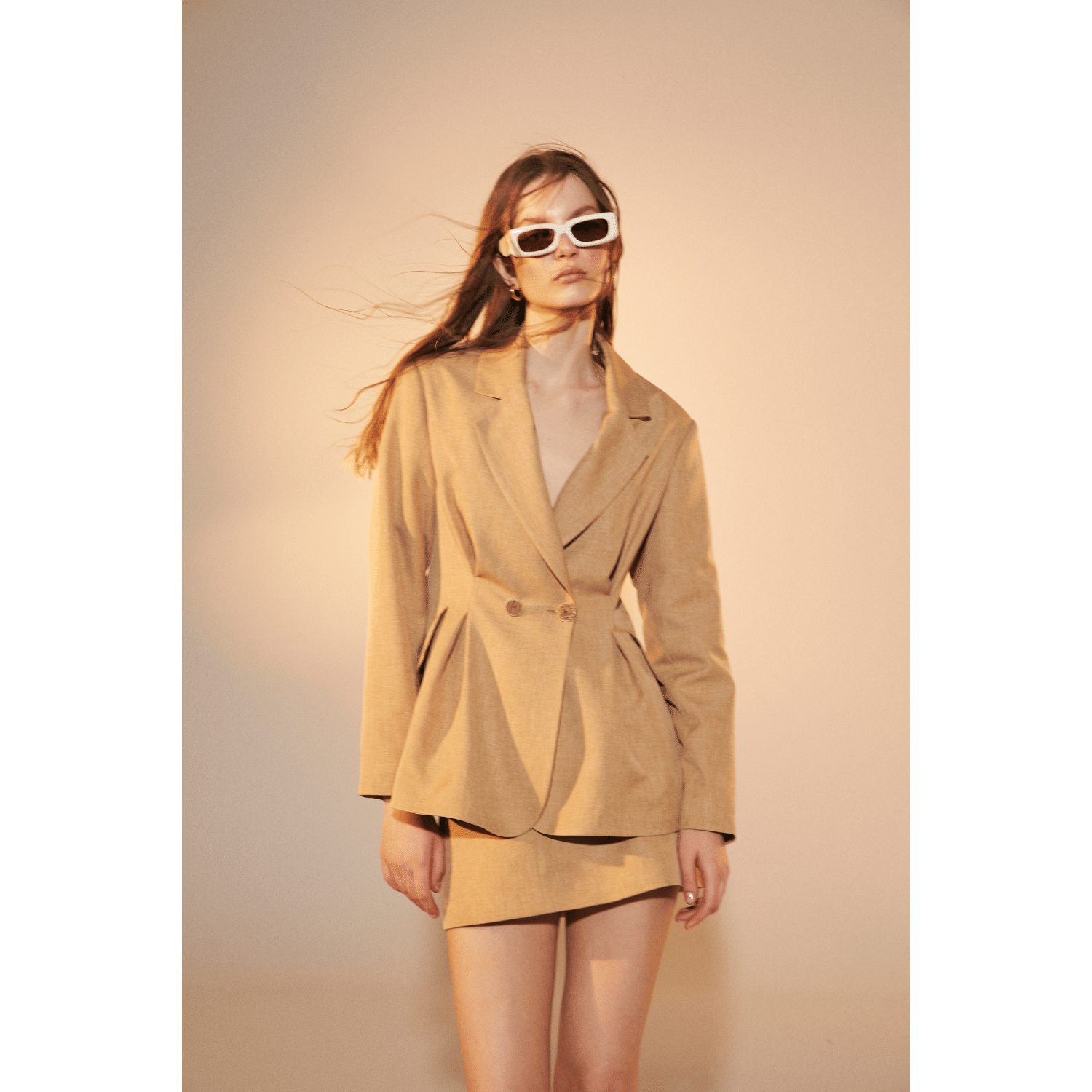 Marde Tailored Jacket in Almond Buff in Brown made by Nazli Ceren