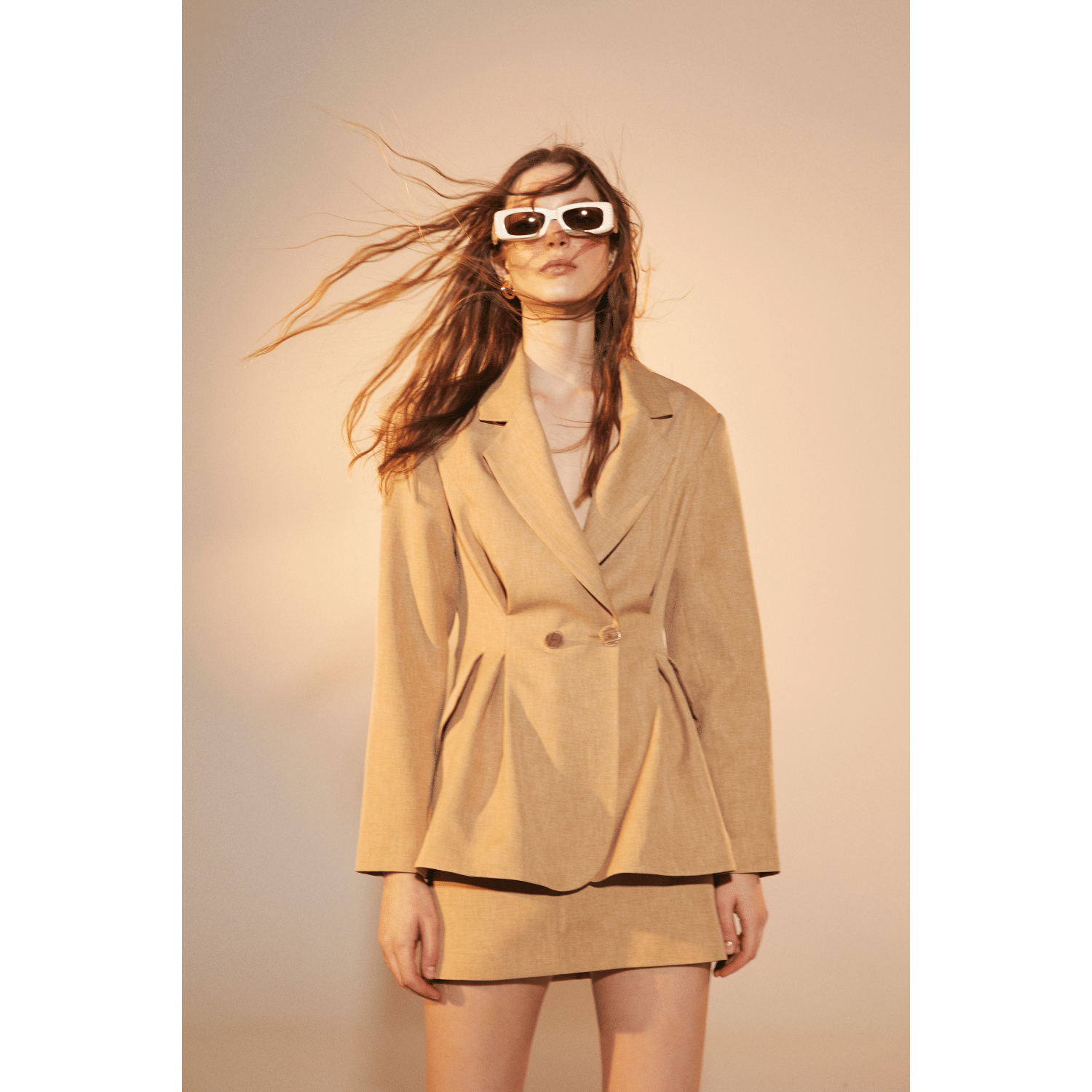 Marde Tailored Jacket in Almond Buff in Brown made by Nazli Ceren