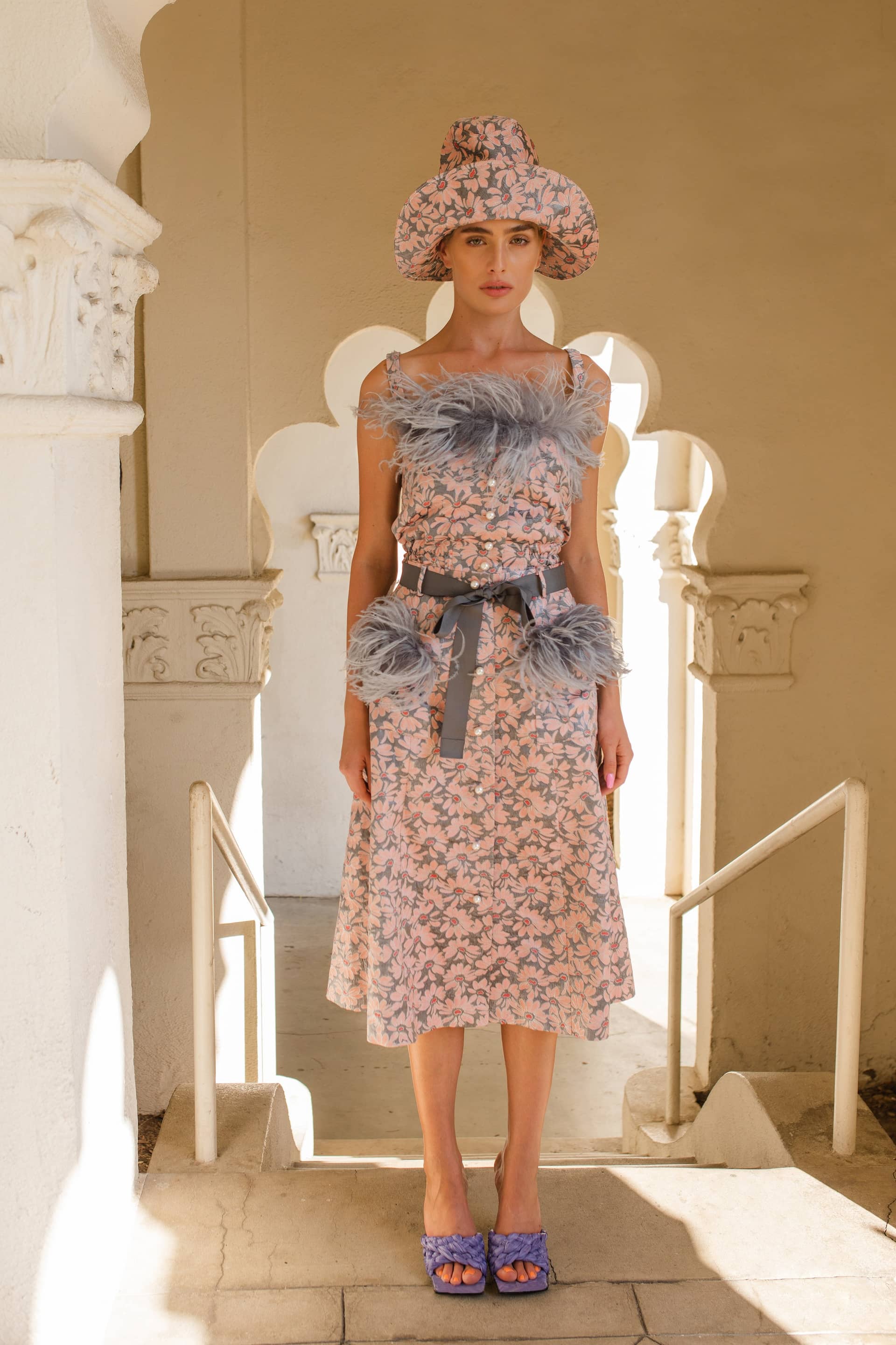 Grey flower top with feather details and pearl buttons made by ANDREEVA