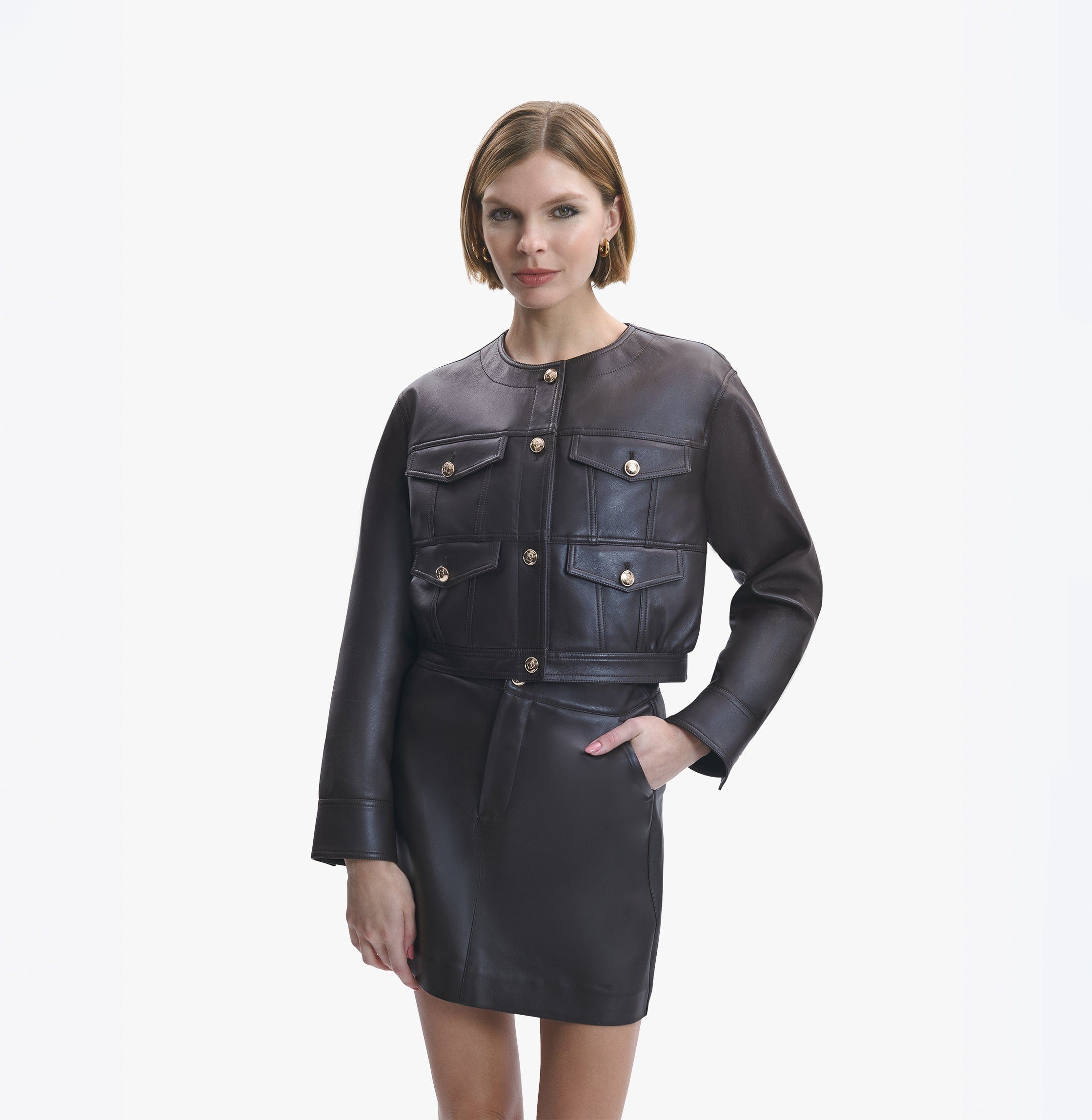 LAMBSKIN LEATHER PLEATED SHORT JACKET in Brown made by CRUSH Collection