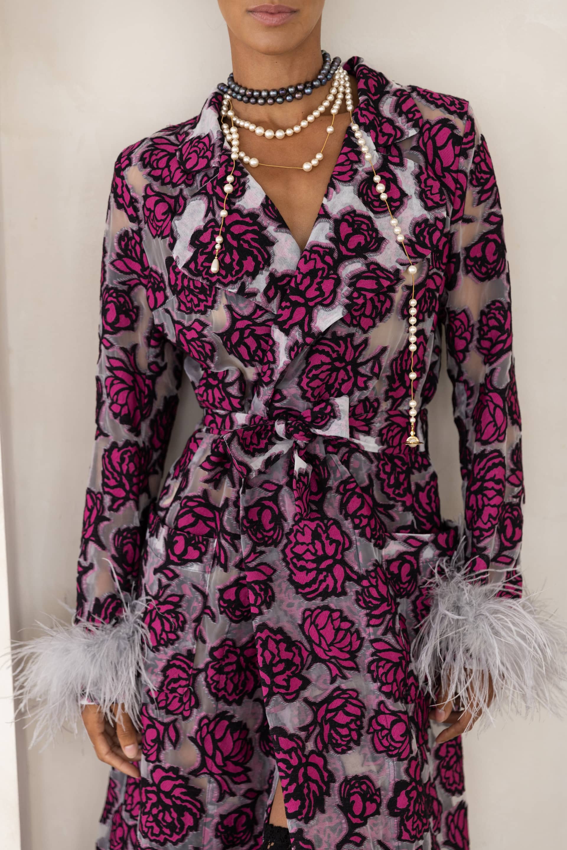 Rose red coat with detachable feathers cuffs in Red made by ANDREEVA