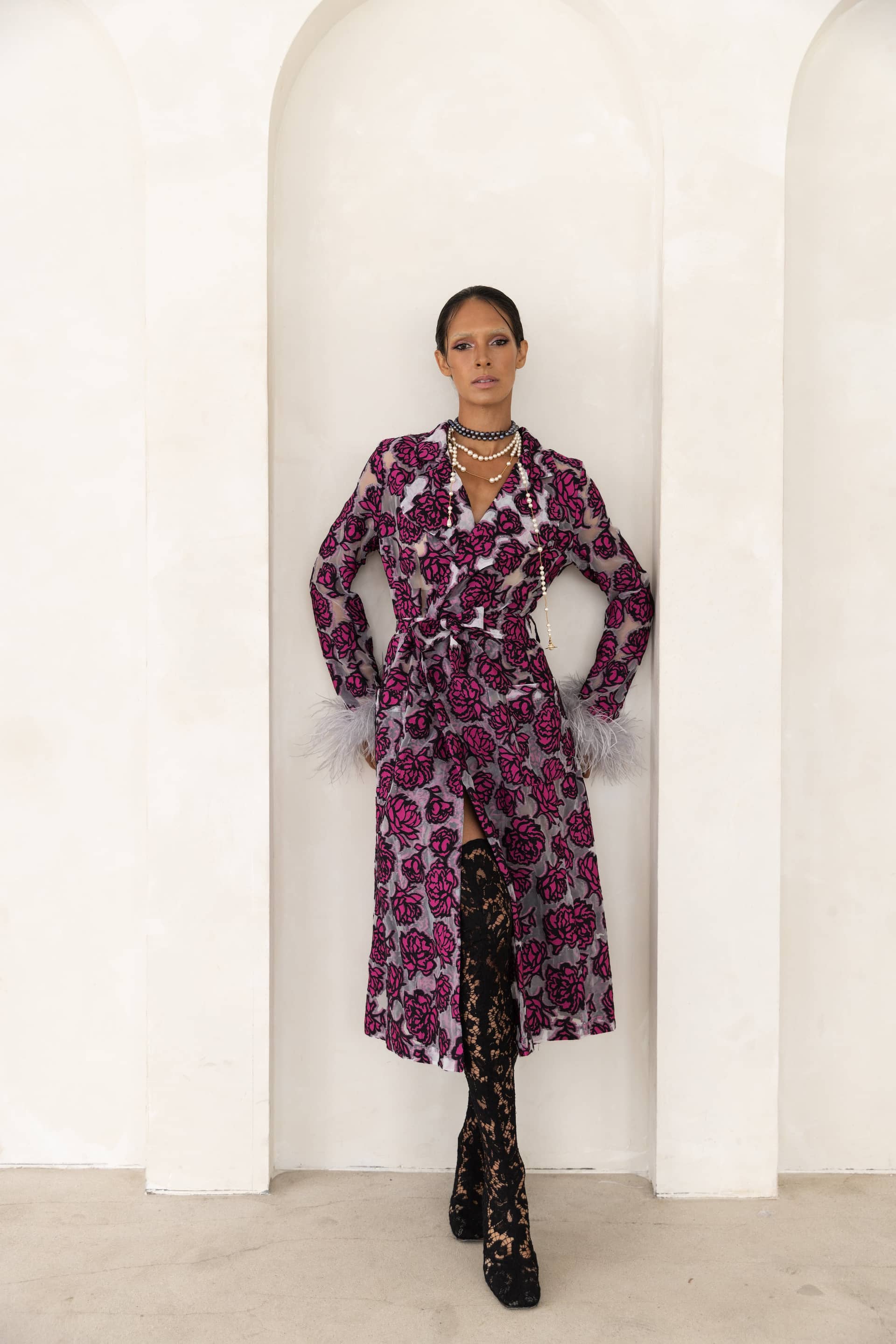 Rose red coat with detachable feathers cuffs in Red made by ANDREEVA