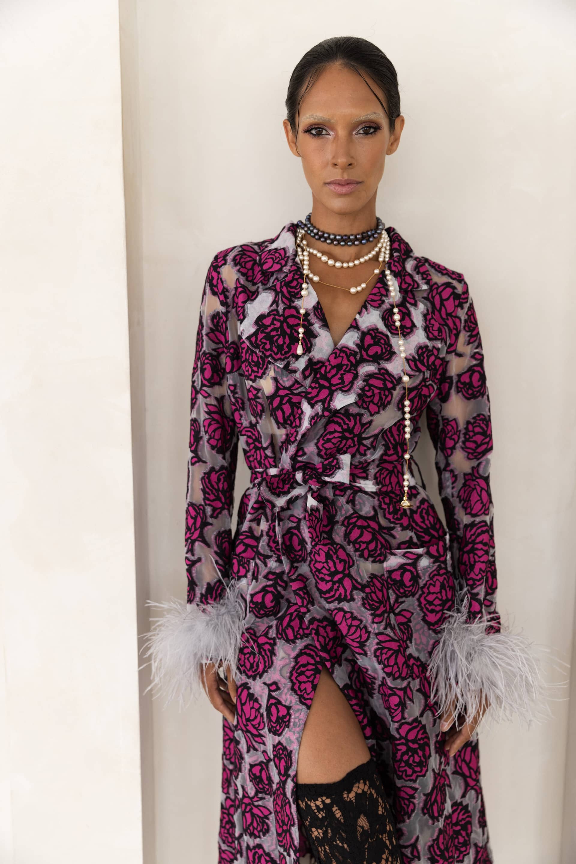 Rose red coat with detachable feathers cuffs in Red made by ANDREEVA