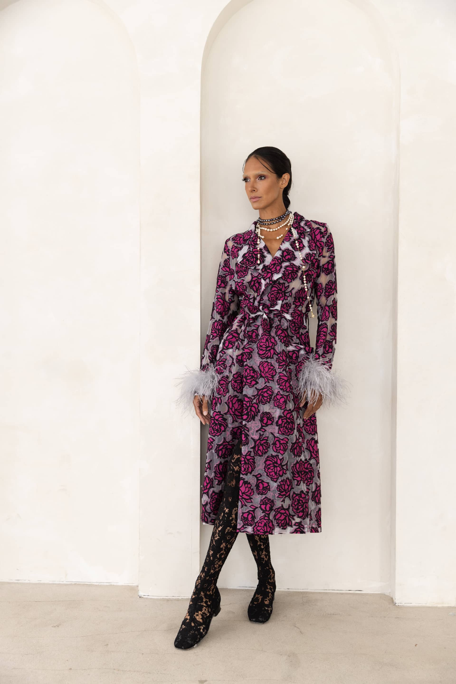 Rose red coat with detachable feathers cuffs in Red made by ANDREEVA