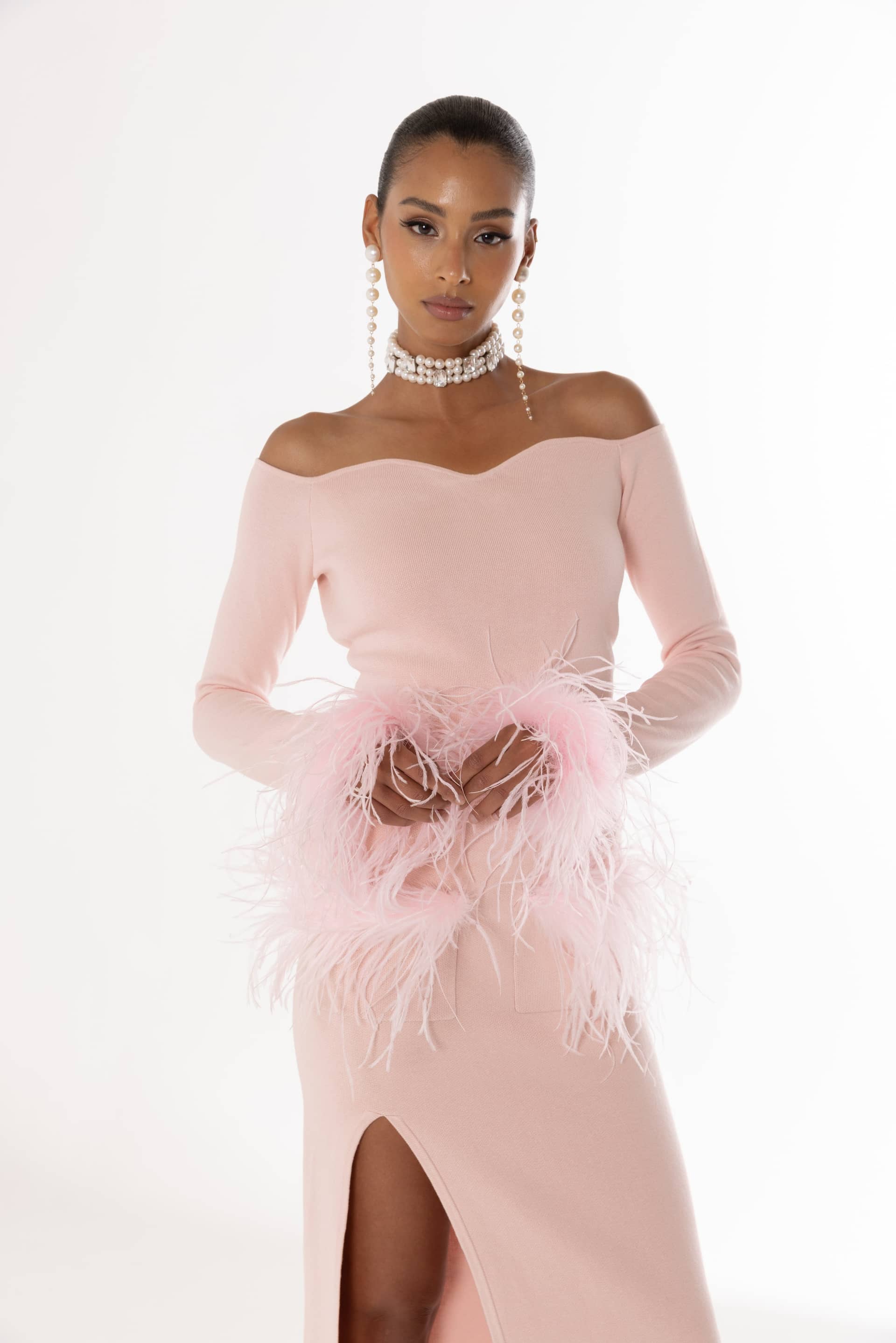 Pink Vanilla Knit Top With Detachable Feather Cuffs made by ANDREEVA