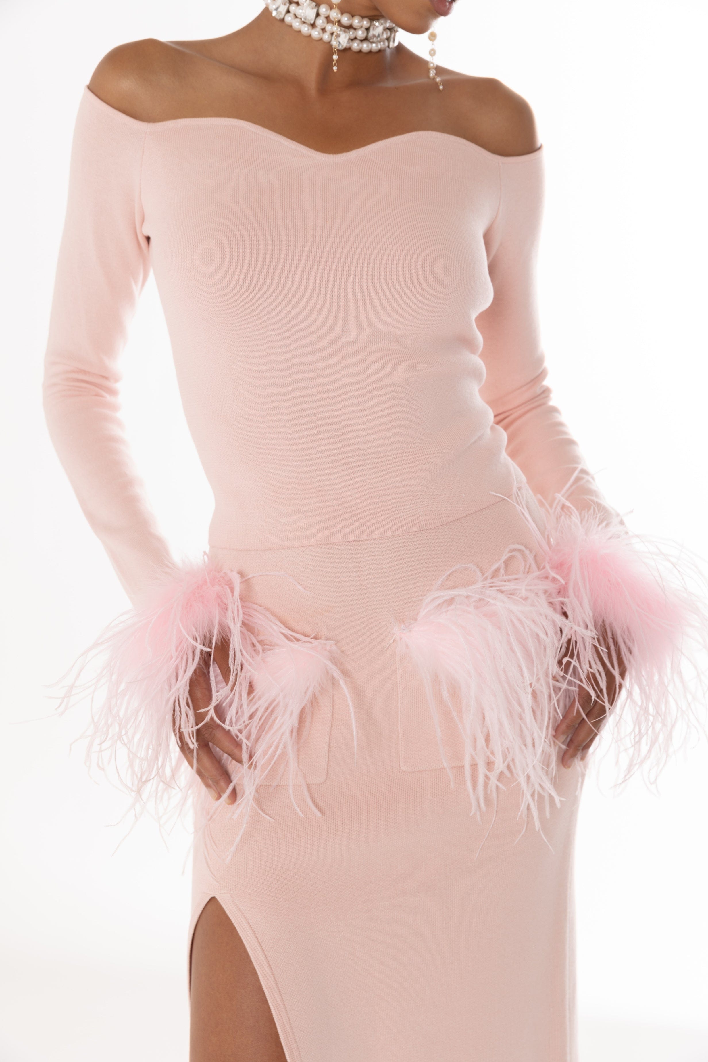 Pink Vanilla Knit Top With Detachable Feather Cuffs made by ANDREEVA