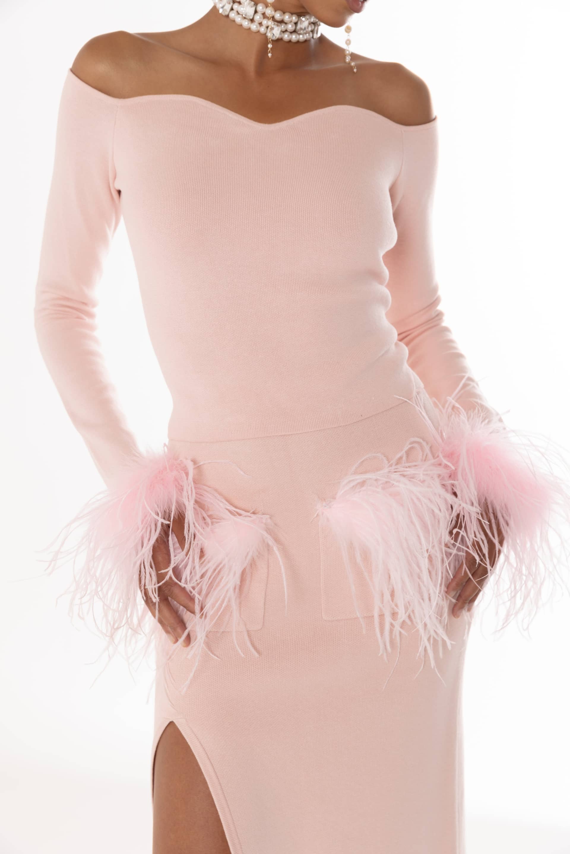 Pink Vanilla Knit Top With Detachable Feather Cuffs made by ANDREEVA