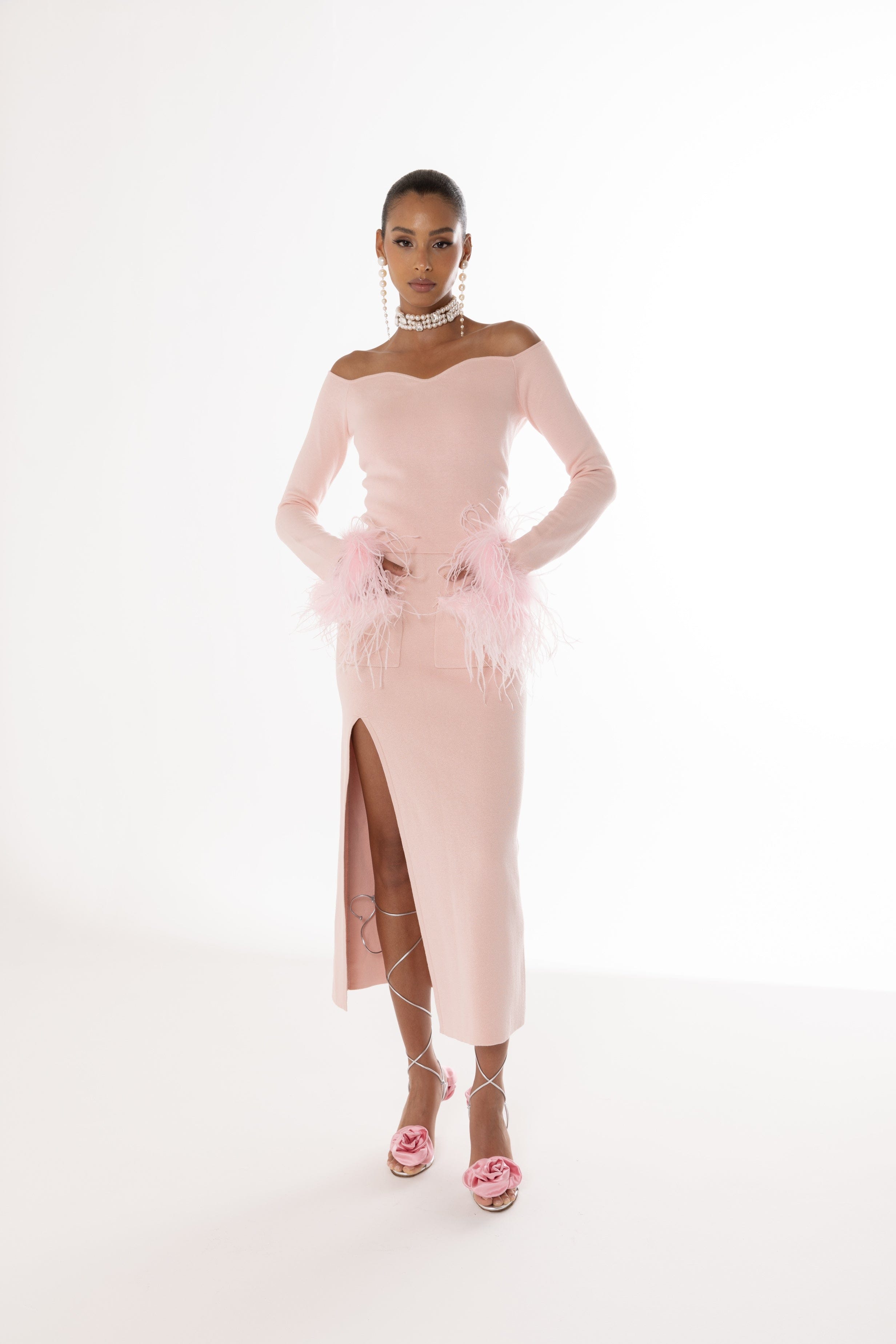 Pink Vanilla Knit Top With Detachable Feather Cuffs made by ANDREEVA