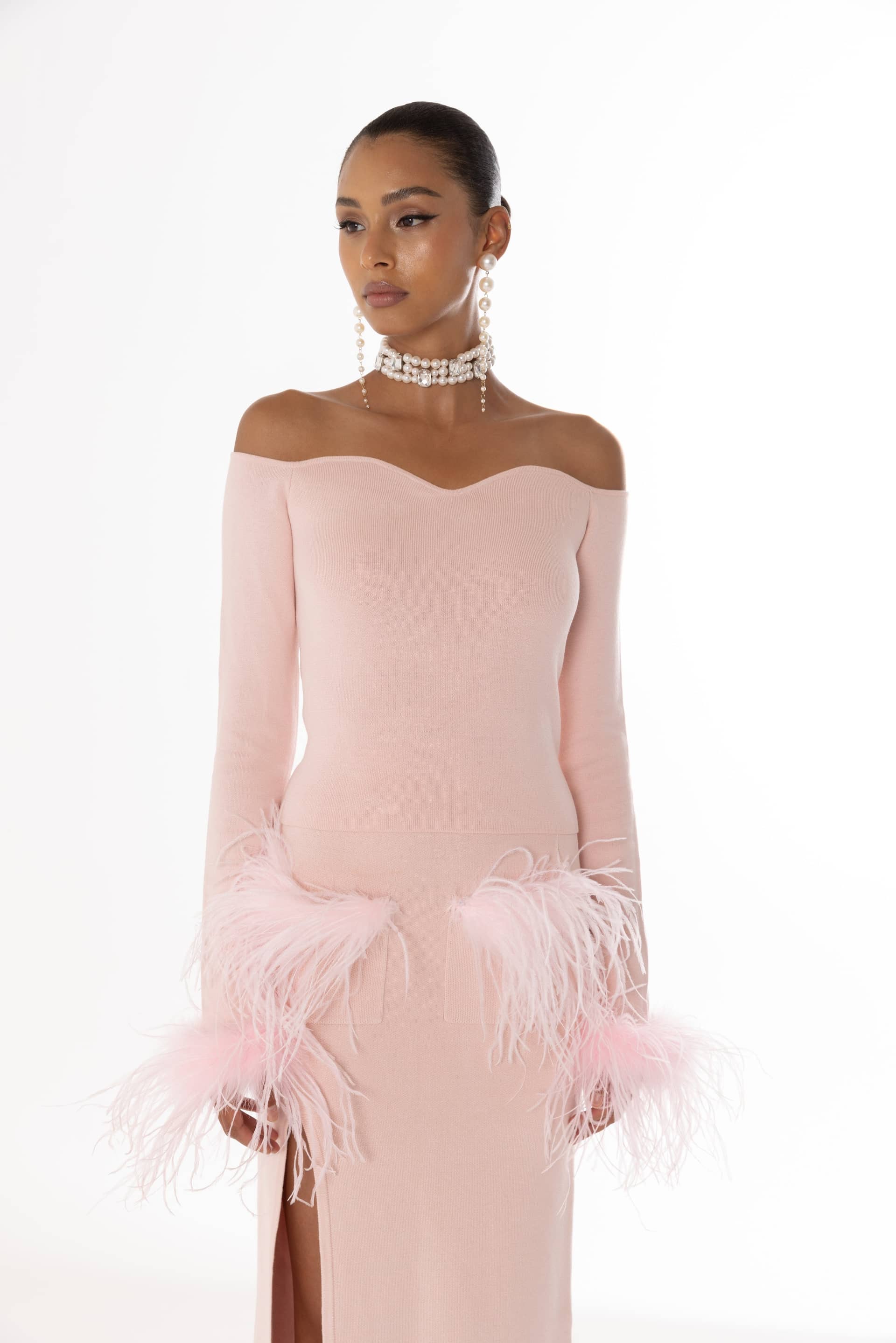 Pink Vanilla Knit Top With Detachable Feather Cuffs made by ANDREEVA