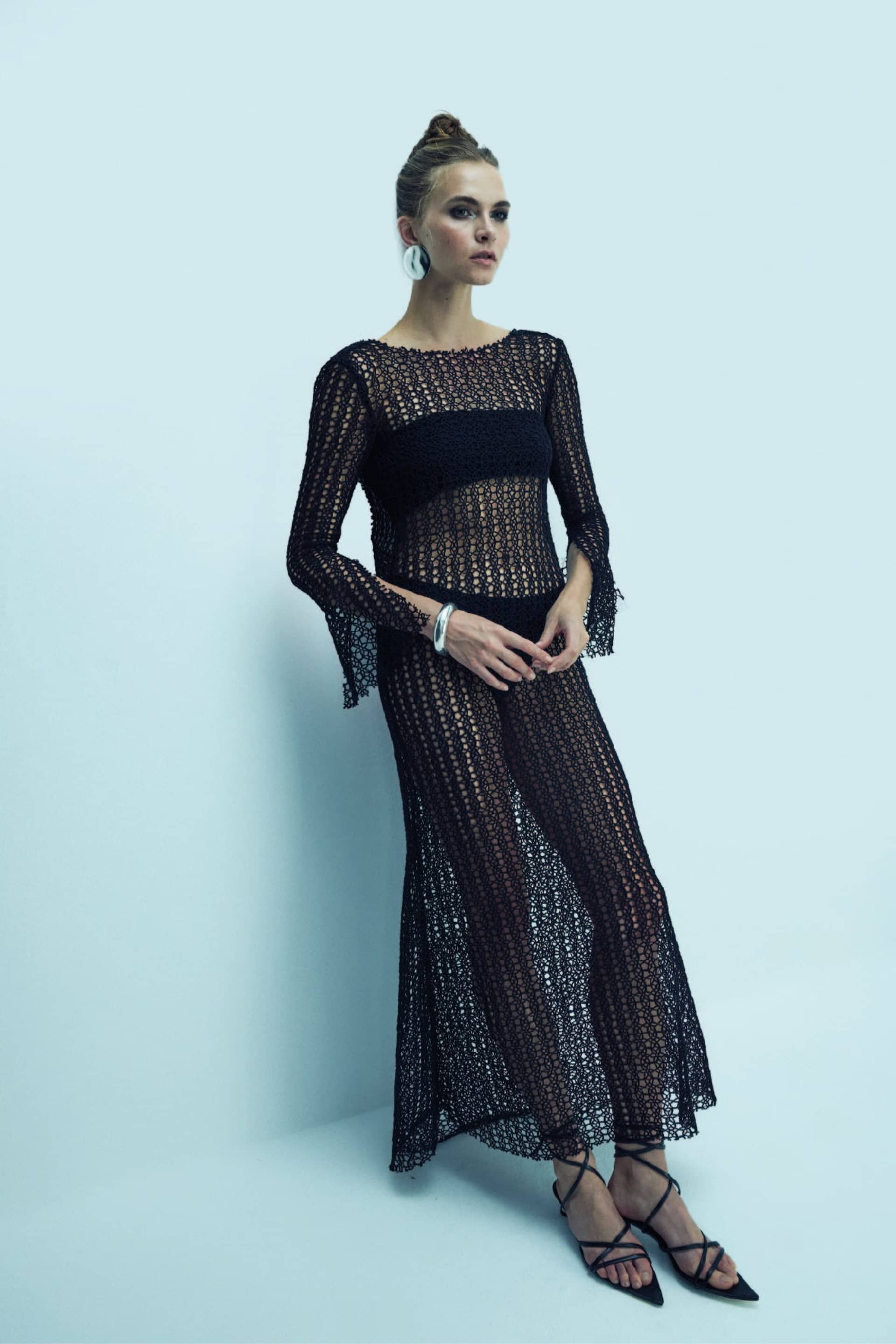 Riona Open-Back Crochet Long Dress in Black made by Nazli Ceren
