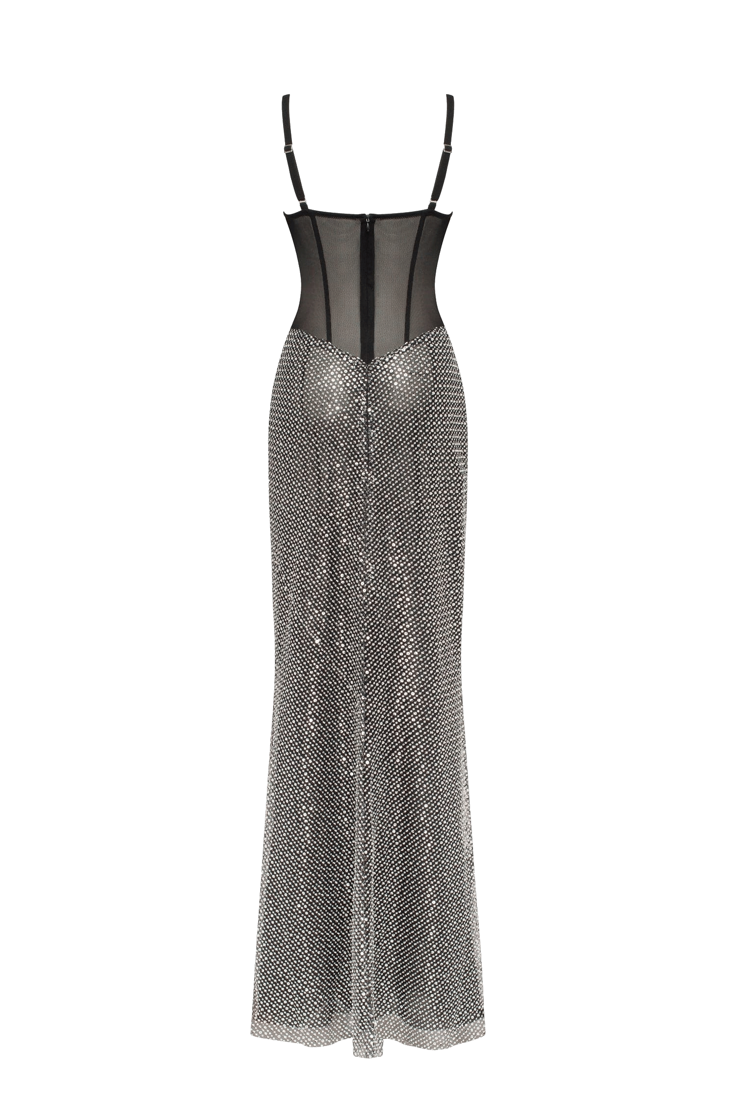 Black corset maxi dress with silver sequined maxi skirt, Smoky Quartz made by Milla