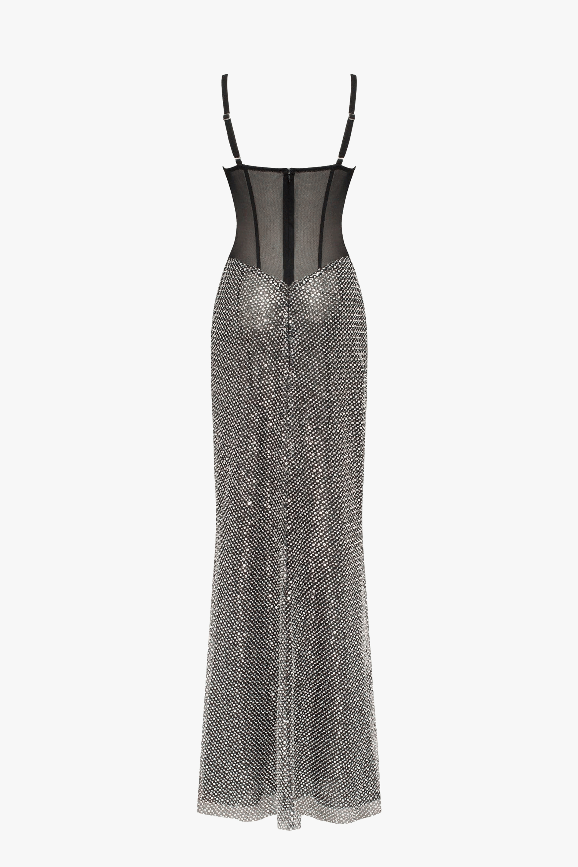 Black corset maxi dress with silver sequined maxi skirt, Smoky Quartz made by Milla