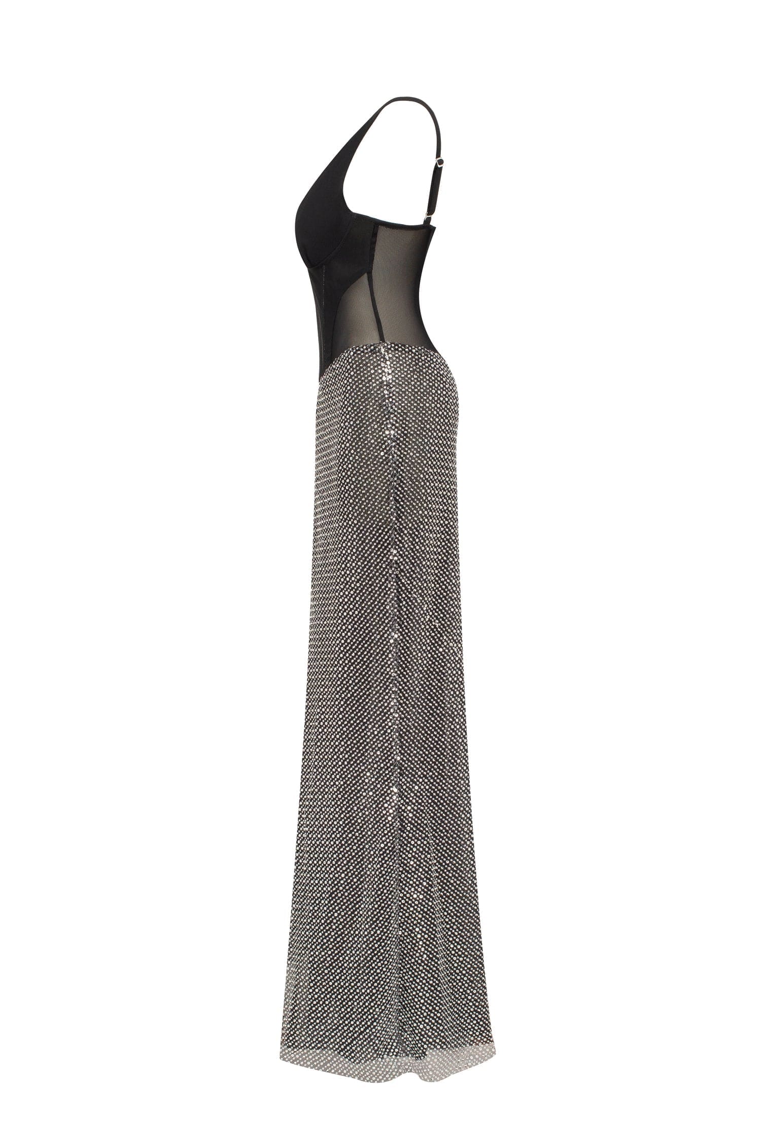 Black corset maxi dress with silver sequined maxi skirt, Smoky Quartz made by Milla