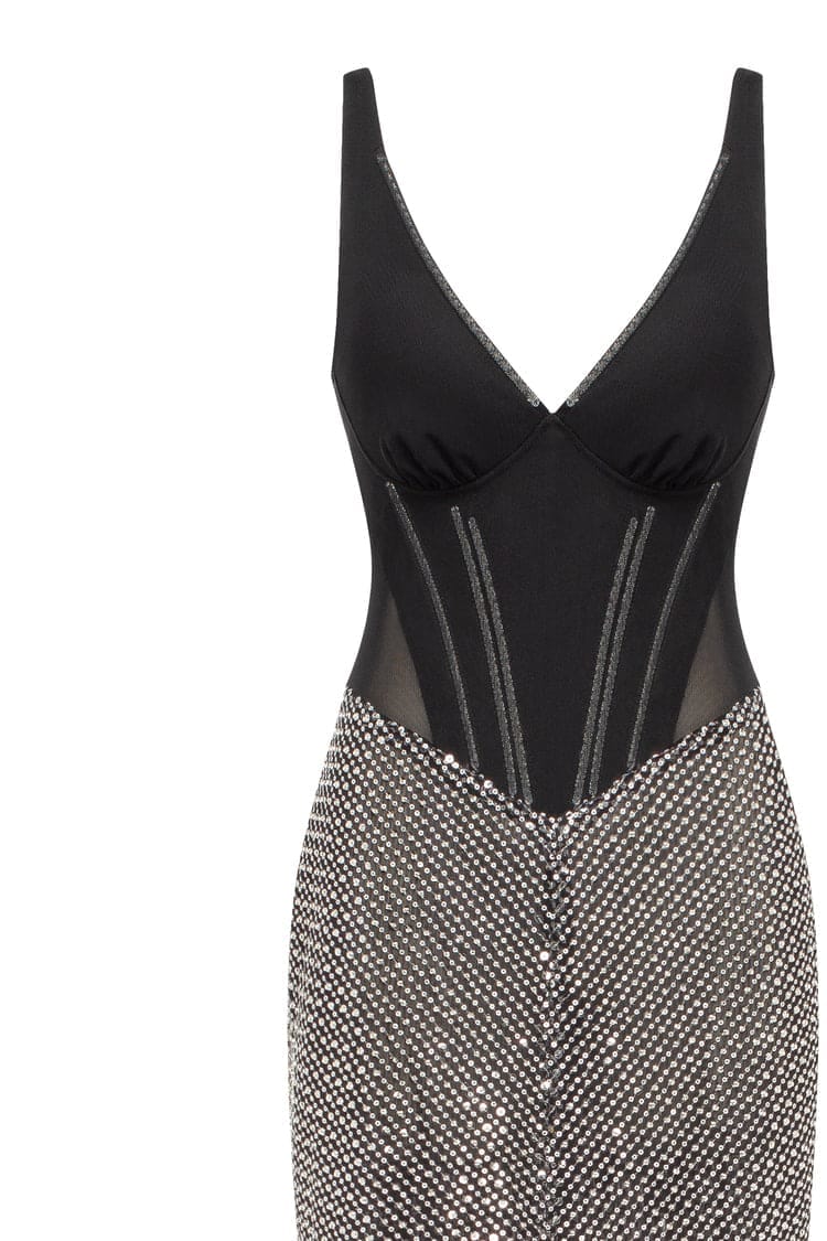 Black corset maxi dress with silver sequined maxi skirt, Smoky Quartz made by Milla