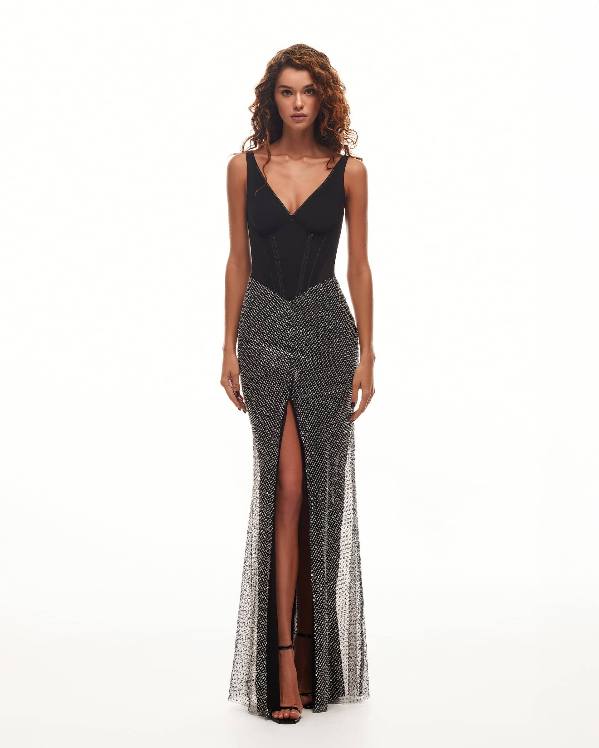 Black corset maxi dress with silver sequined maxi skirt, Smoky Quartz made by Milla