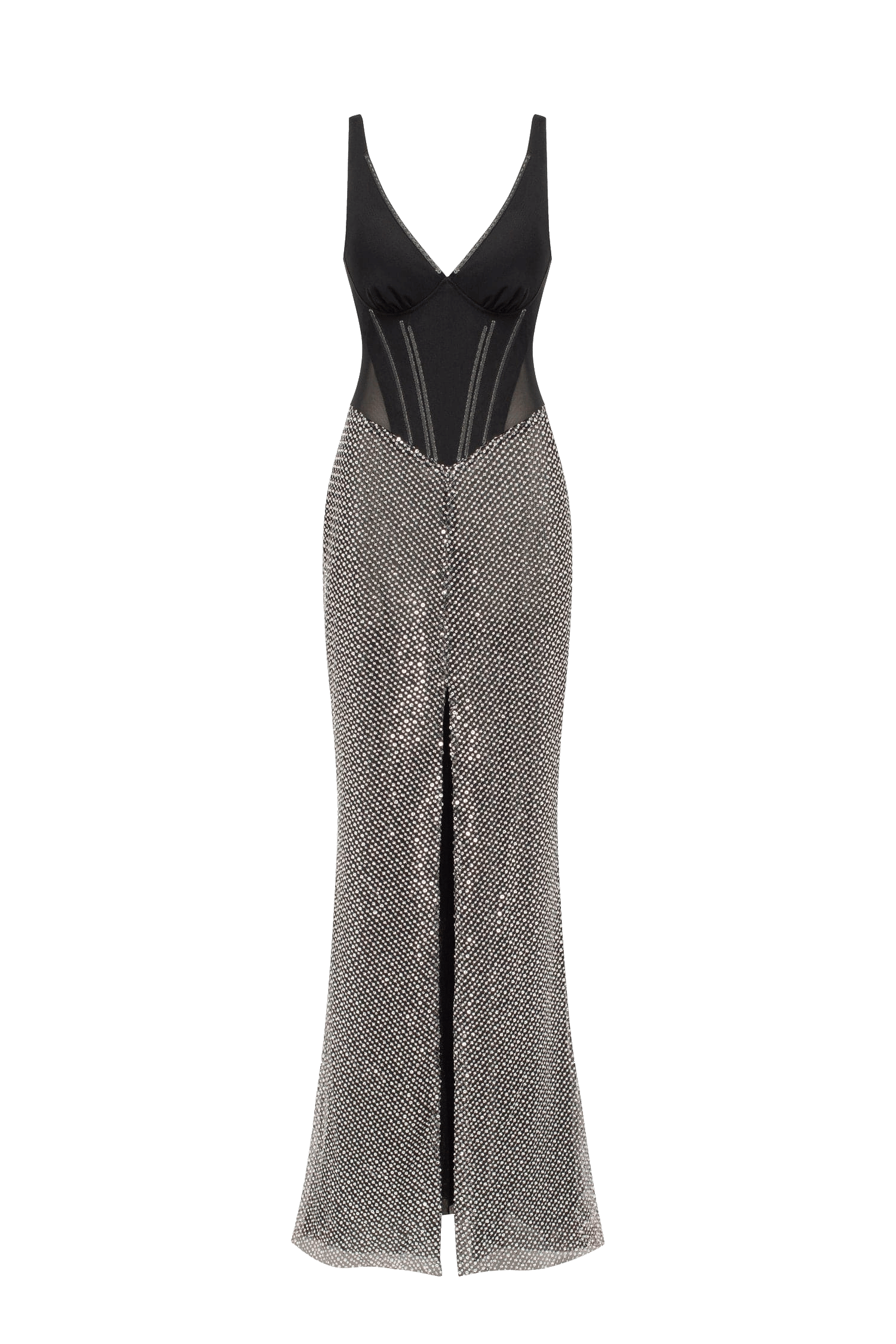 Black corset maxi dress with silver sequined maxi skirt, Smoky Quartz made by Milla