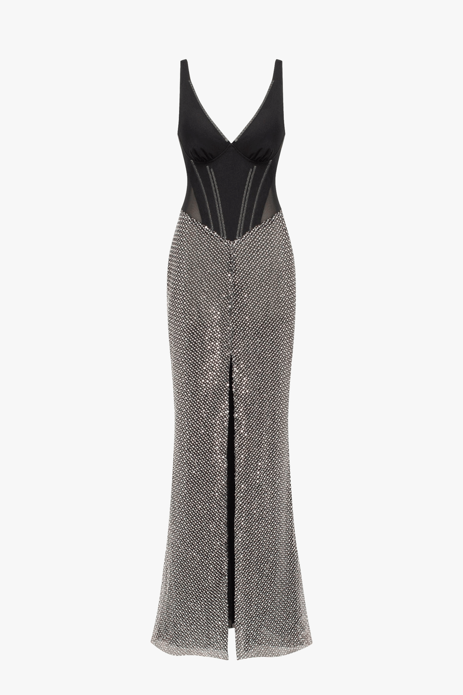 Black corset maxi dress with silver sequined maxi skirt, Smoky Quartz made by Milla