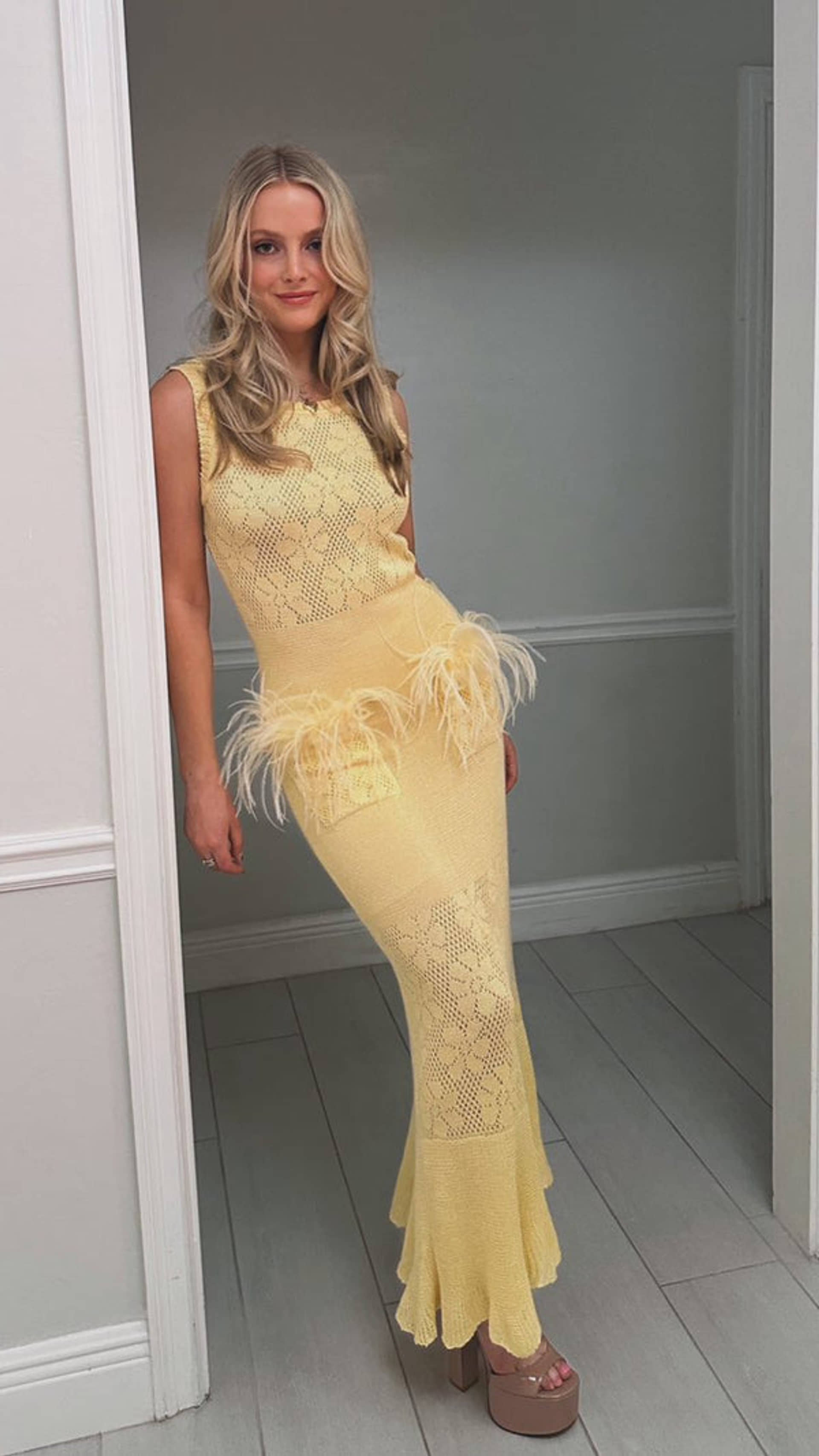 Champagne Rose Knit Dress With Feathers made by ANDREEVA