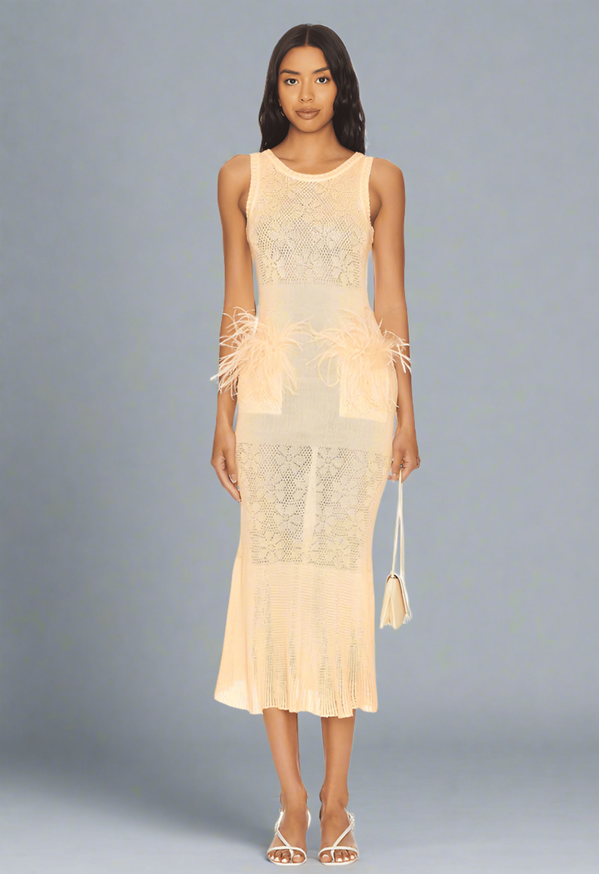 Champagne Rose Knit Dress With Feathers made by ANDREEVA