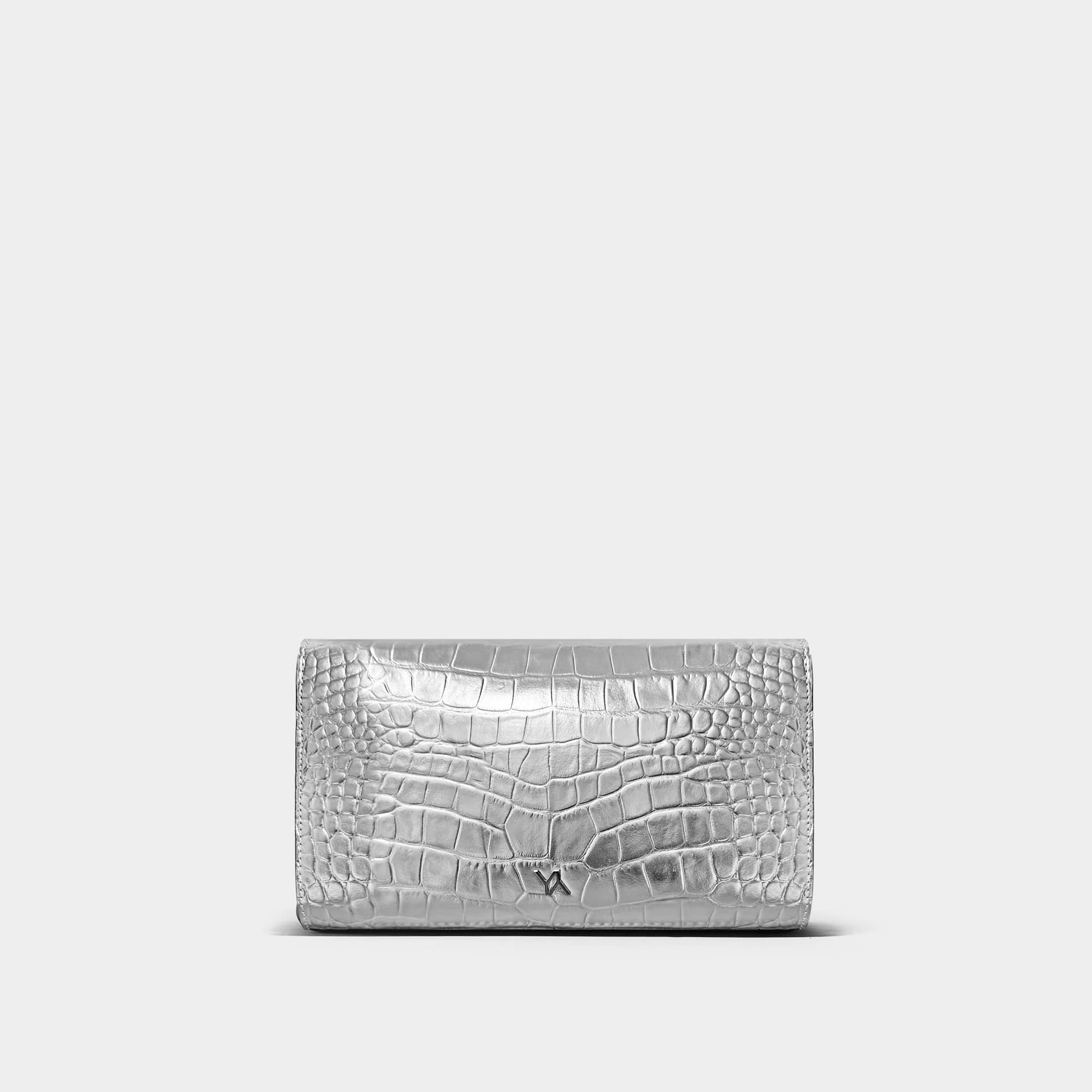 Cali embossed croc clutch silver made by Yliana Yepez