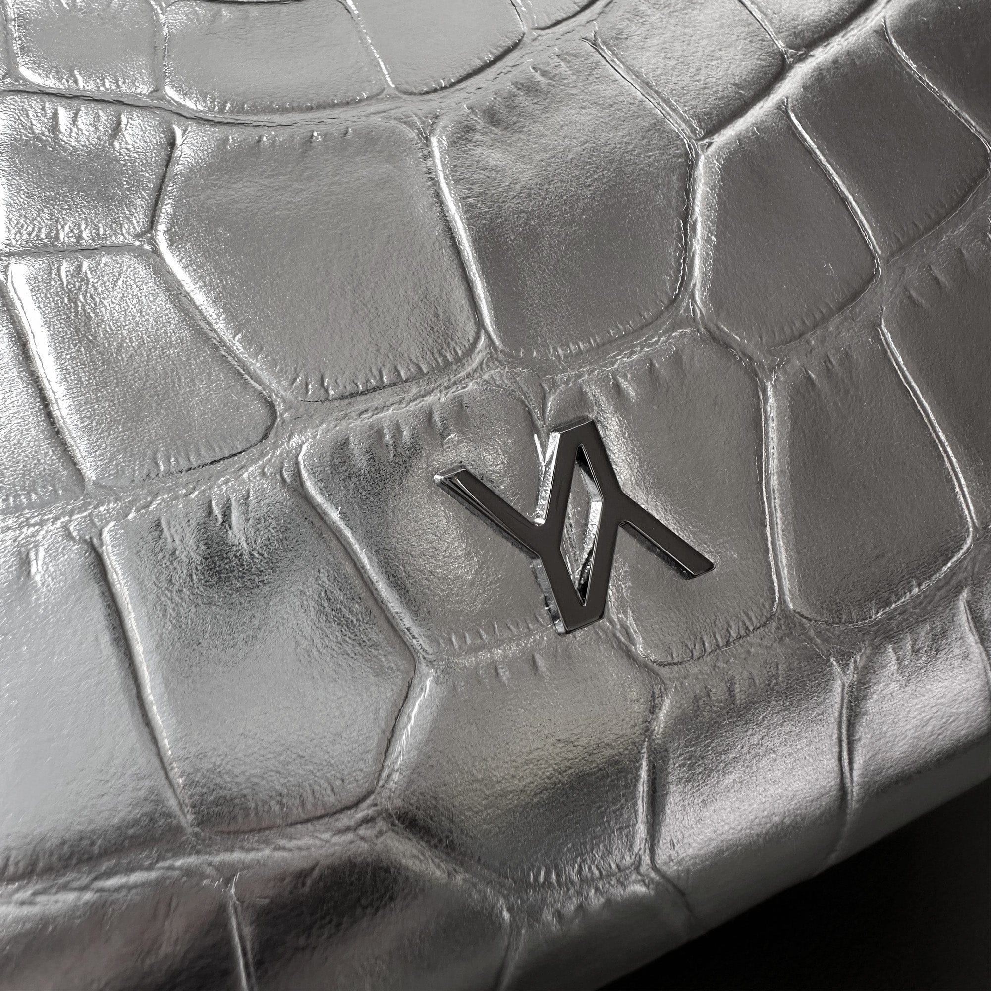 Cali embossed croc clutch silver made by Yliana Yepez