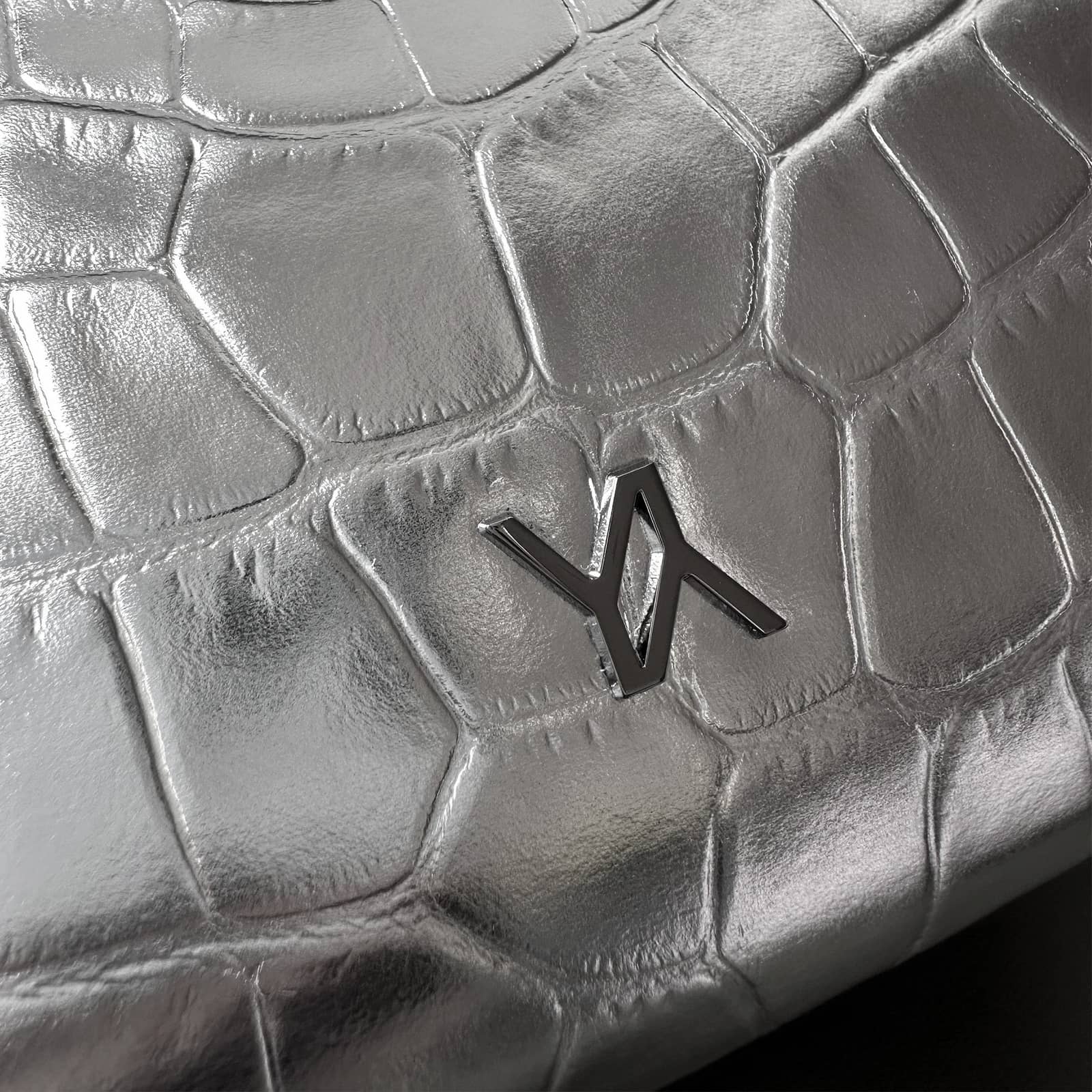 Cali embossed croc clutch silver made by Yliana Yepez