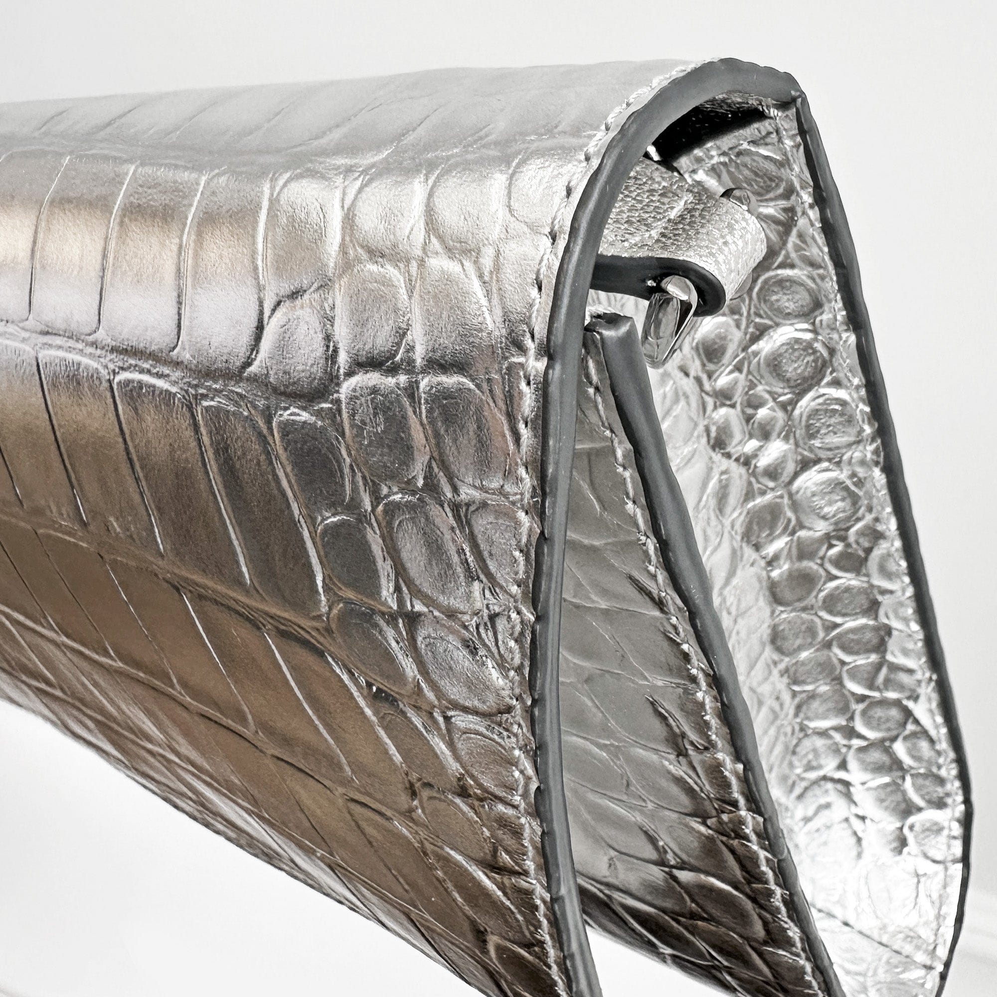 Cali embossed croc clutch silver made by Yliana Yepez