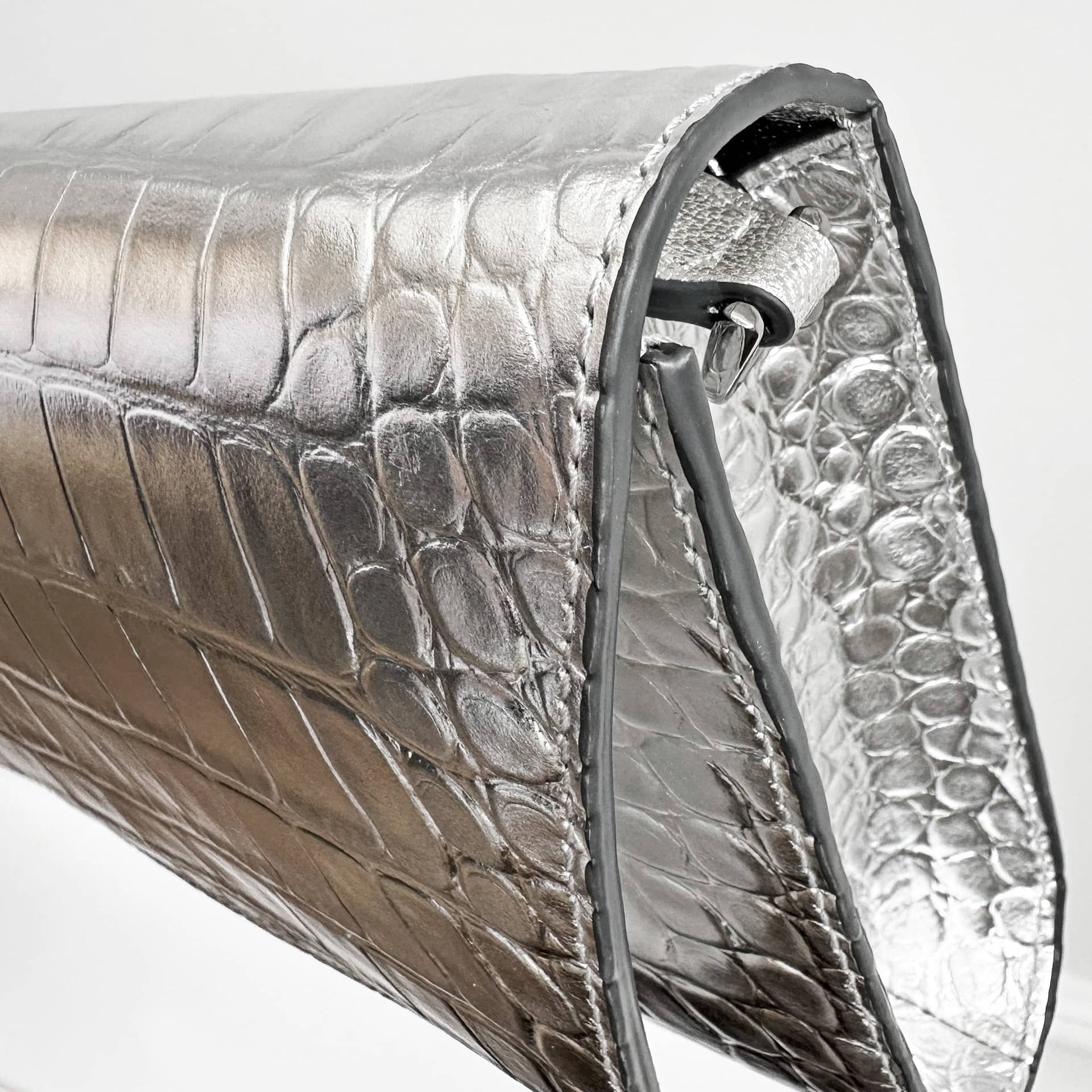 Cali embossed croc clutch silver made by Yliana Yepez