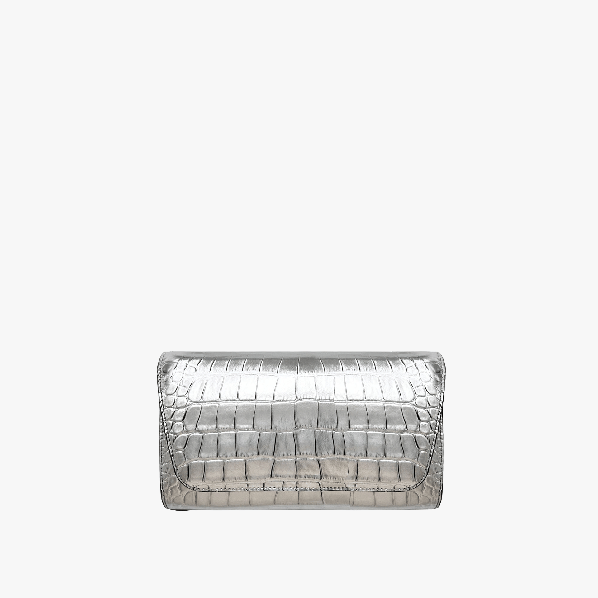 Cali embossed croc clutch silver made by Yliana Yepez
