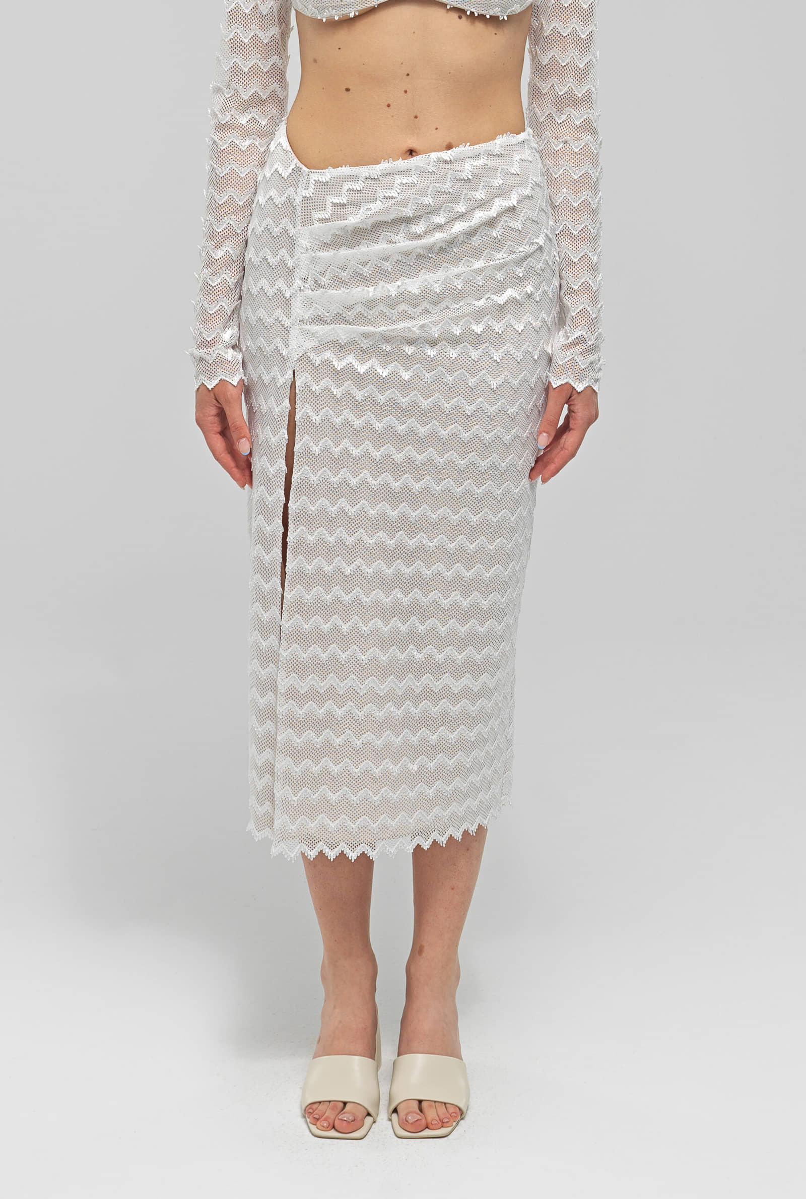 HEBO White Knit Asymmetric Midi Skirt made by MAET