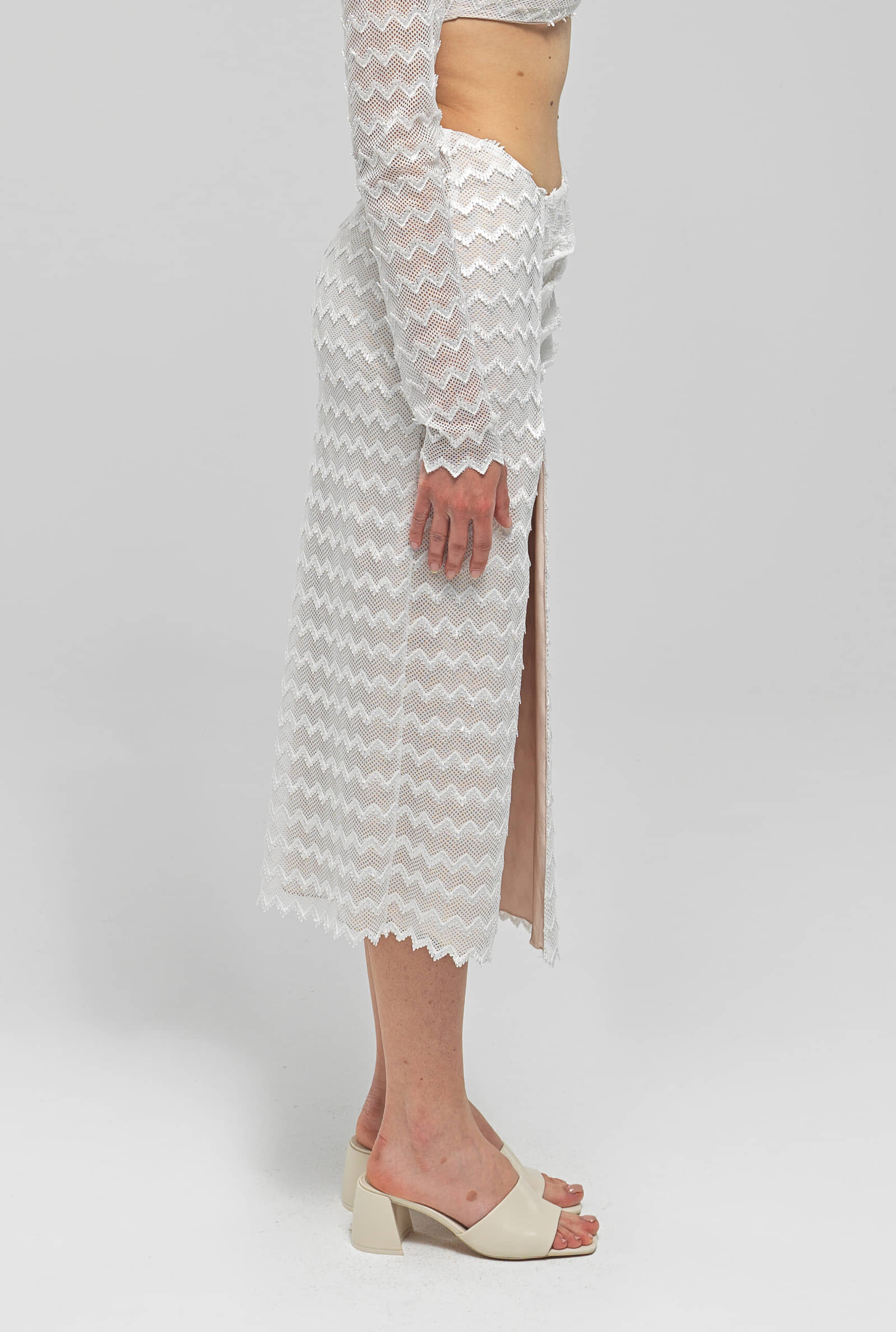 HEBO White Knit Asymmetric Midi Skirt made by MAET