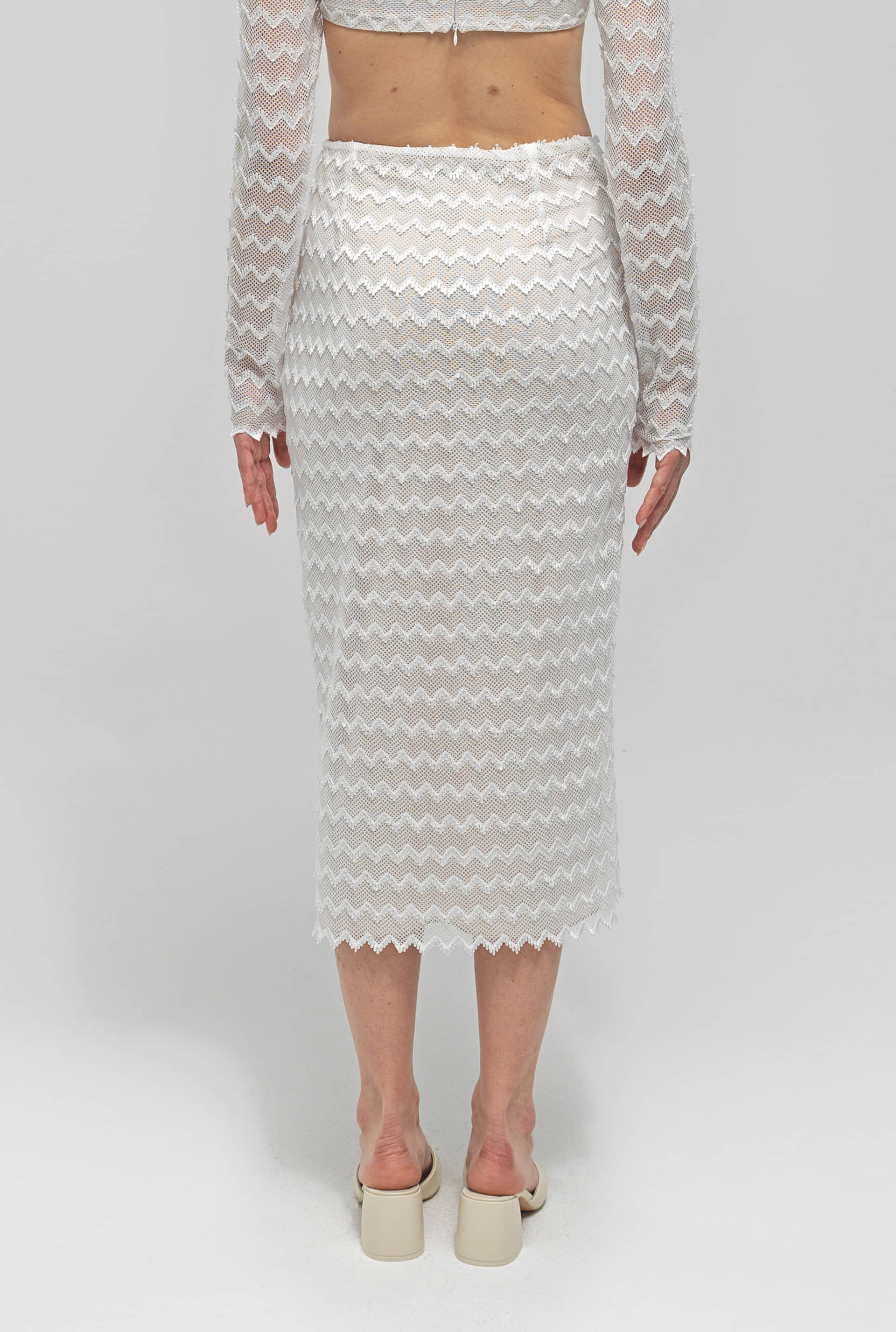 HEBO White Knit Asymmetric Midi Skirt made by MAET