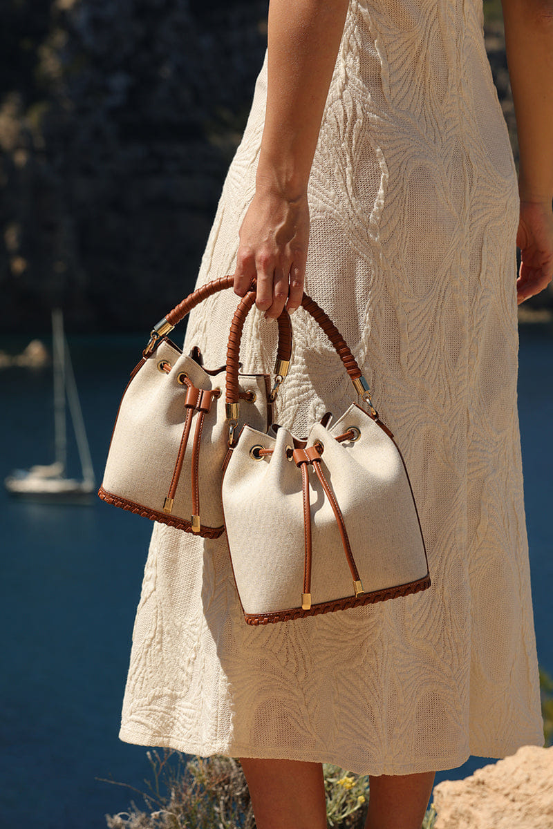 SAONARA BUCKET LINEN / CARAMEL LEATHER made by Saonara