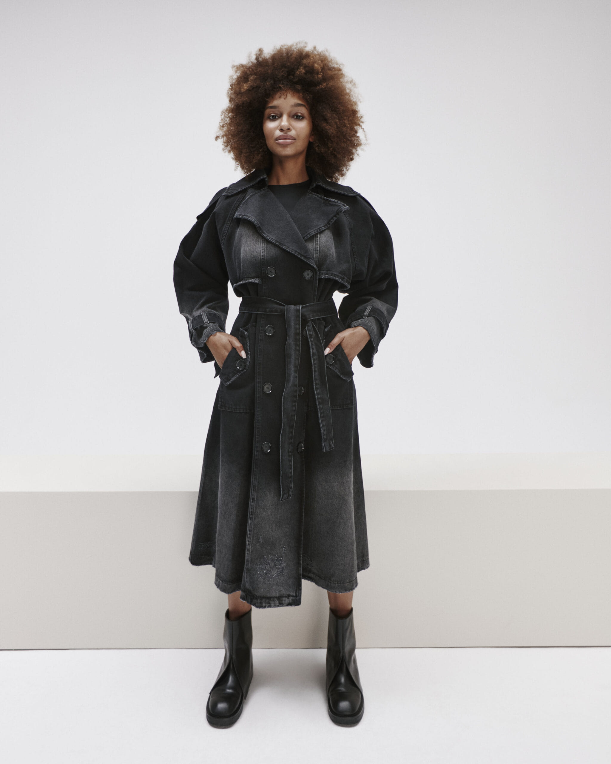 Longline Denim Trench Coat made by YAVORSKA