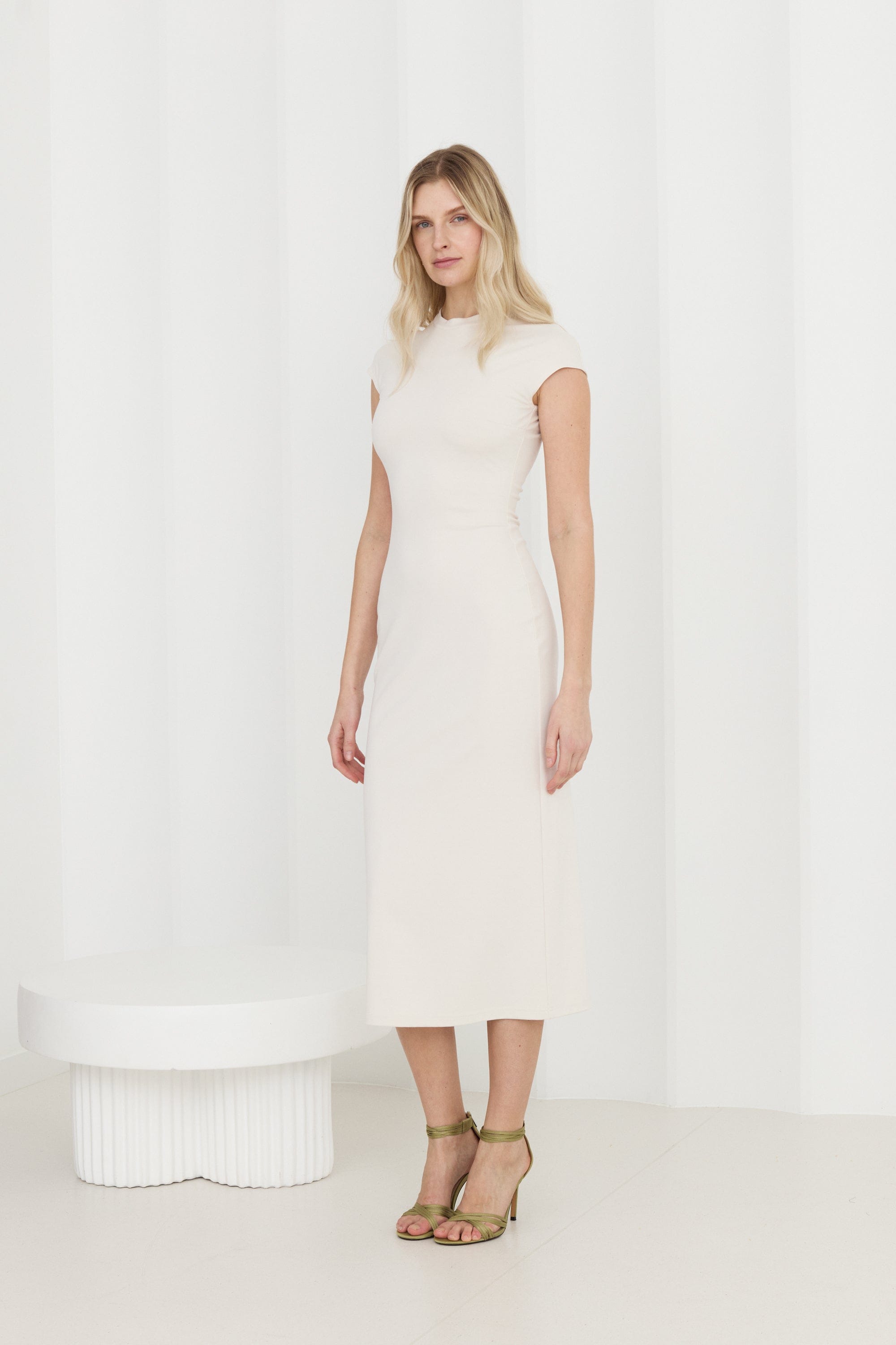ASTER Off-White Jersey Midi Dress With Cap Sleeves made by UNDRESS