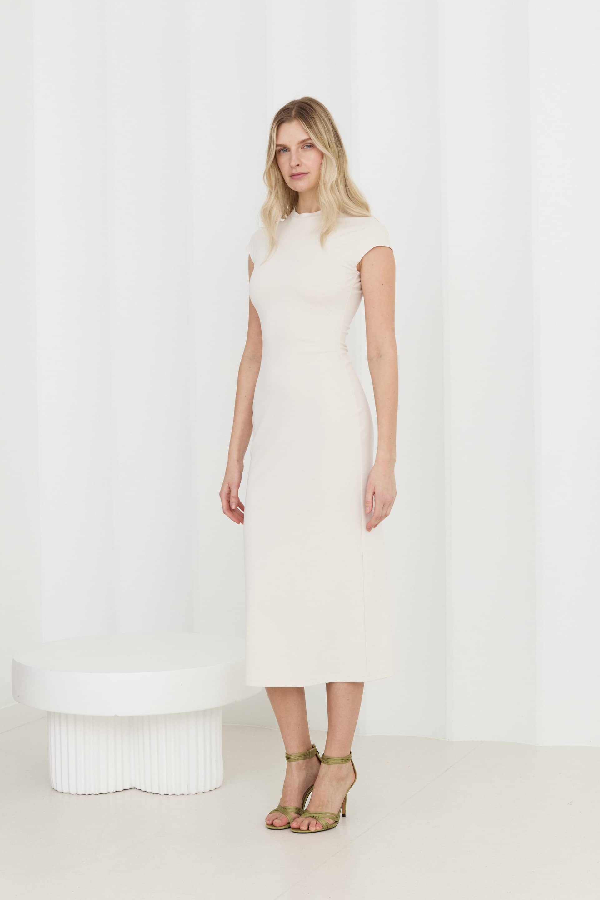 ASTER Off-White Jersey Midi Dress With Cap Sleeves made by UNDRESS