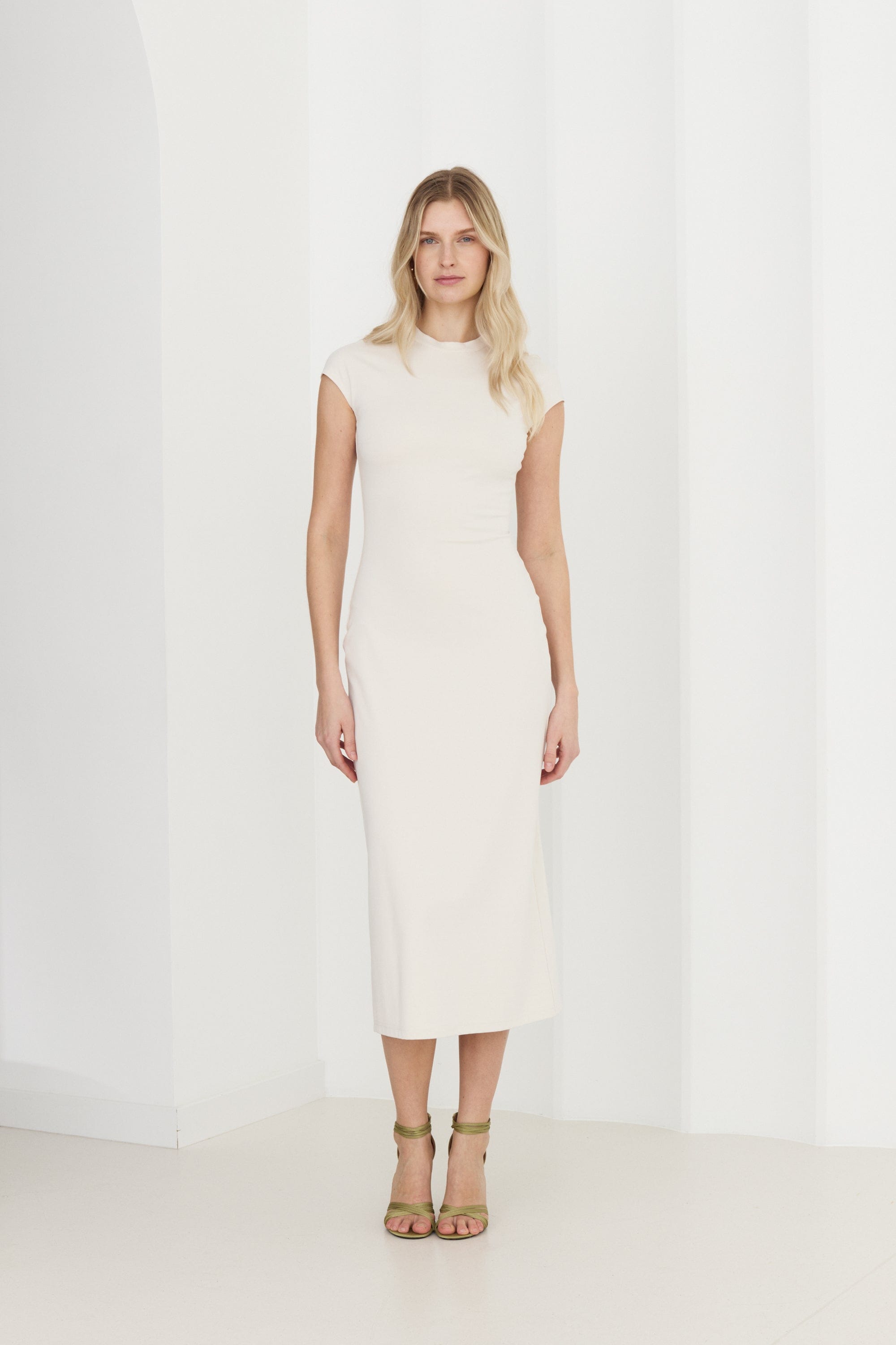ASTER Off-White Jersey Midi Dress With Cap Sleeves made by UNDRESS