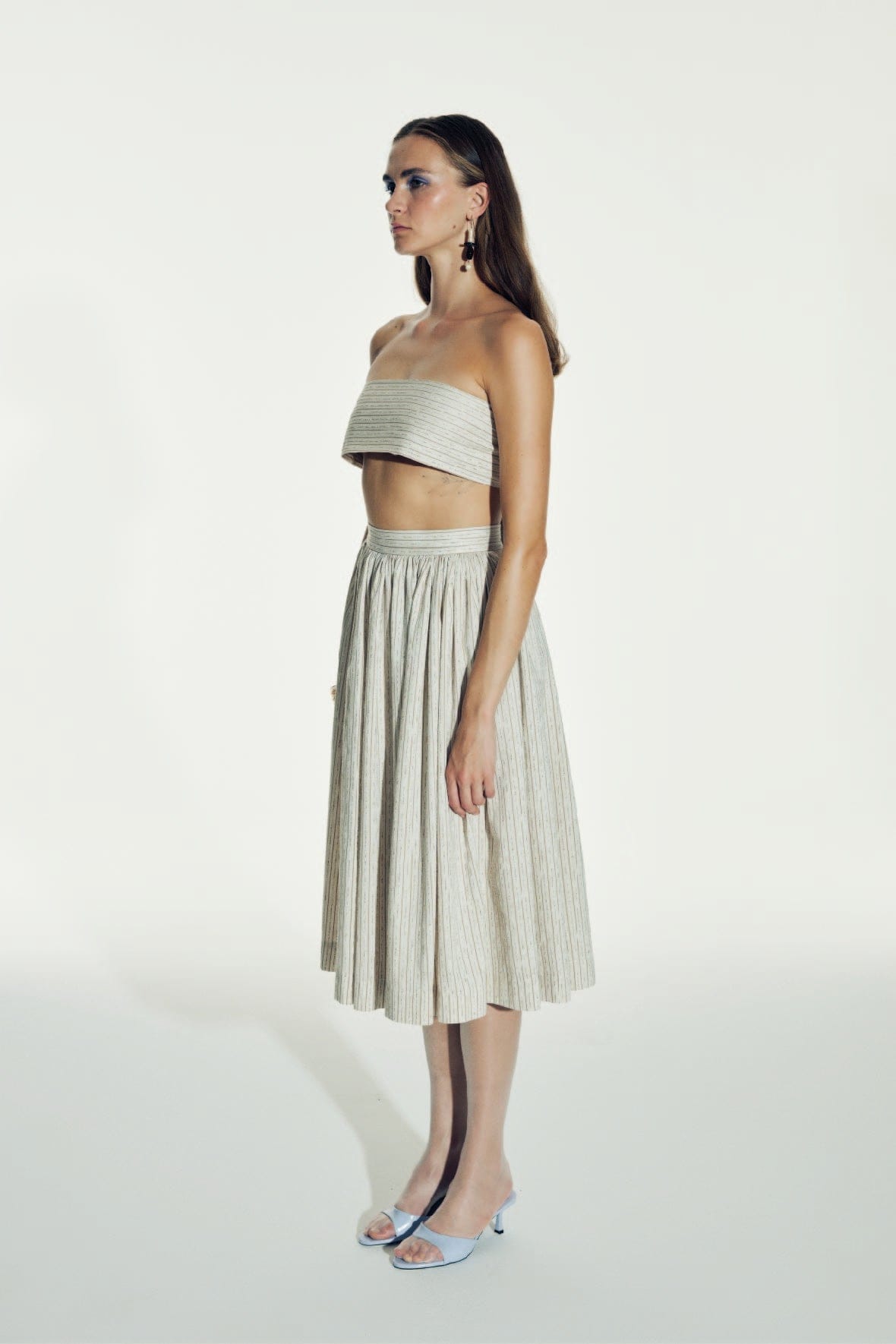 Lou Lou Striped Linen Midi Skirt in Walnut made by Nazli Ceren